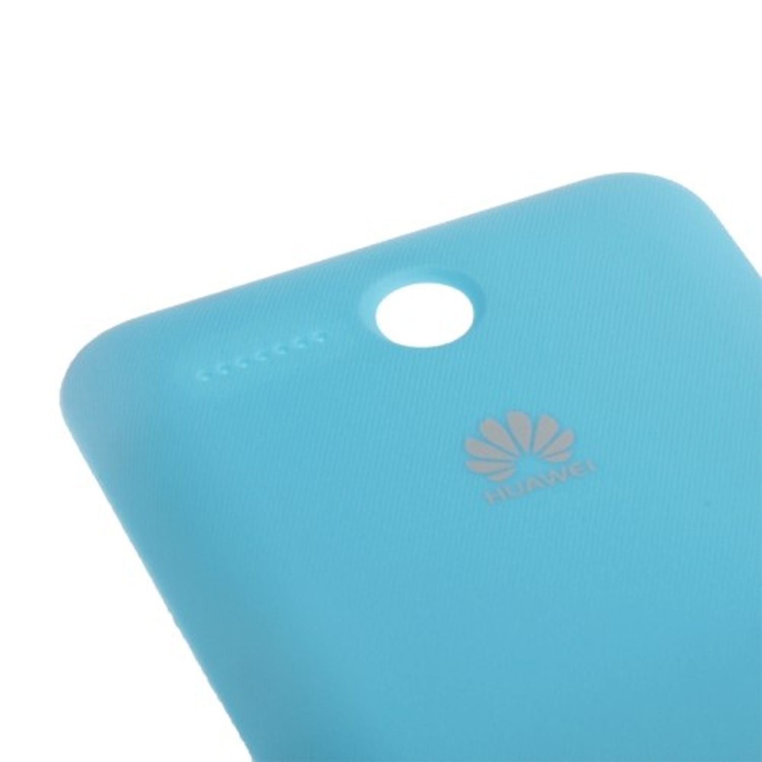 Eine hellblaue Handyhülle mit einem kleinen Loch und Huawei-Logo.