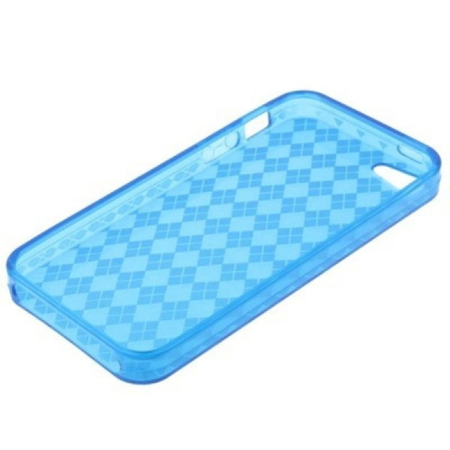 Blaue Handyhülle mit Gittermuster, auf weißem Hintergrund. Rauten-Design.