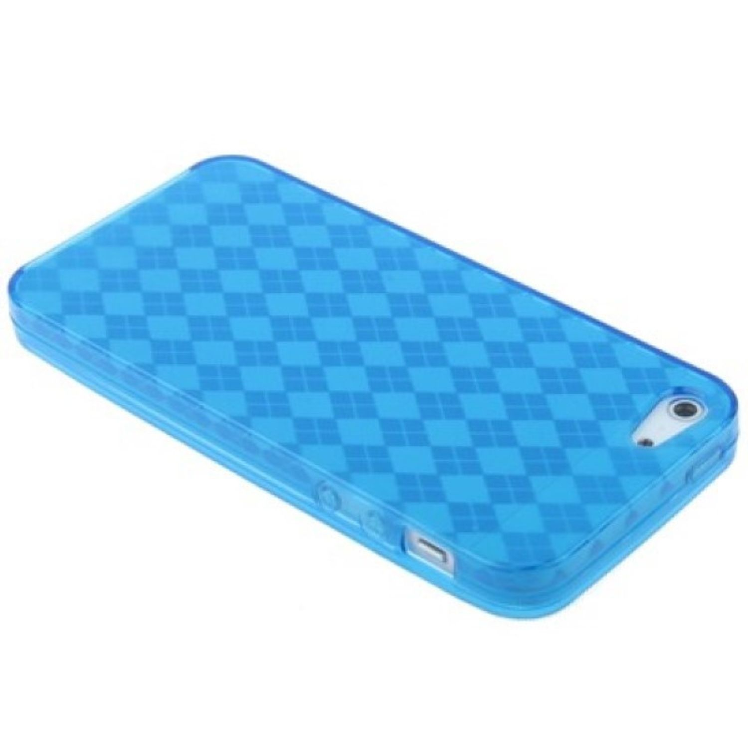 Blaue Handyhülle mit transparentem geometrischem Muster.