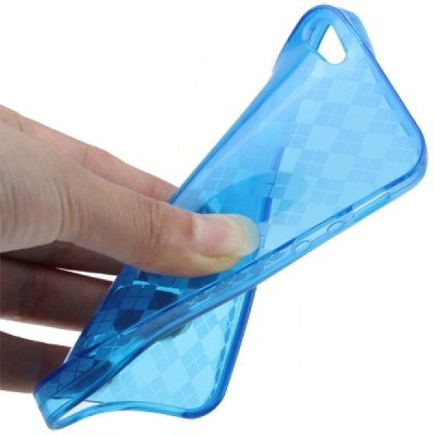 Transparente blaue Handyhülle. Sie wird von einer Hand gehalten. Das Design ist rautenförmig.