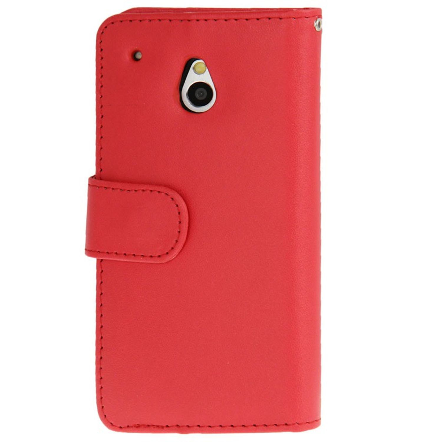 Eine rote Handyhülle mit einem Telefon darin und einem Verschluss. Es gibt einen Verschluss und ein Telefon.