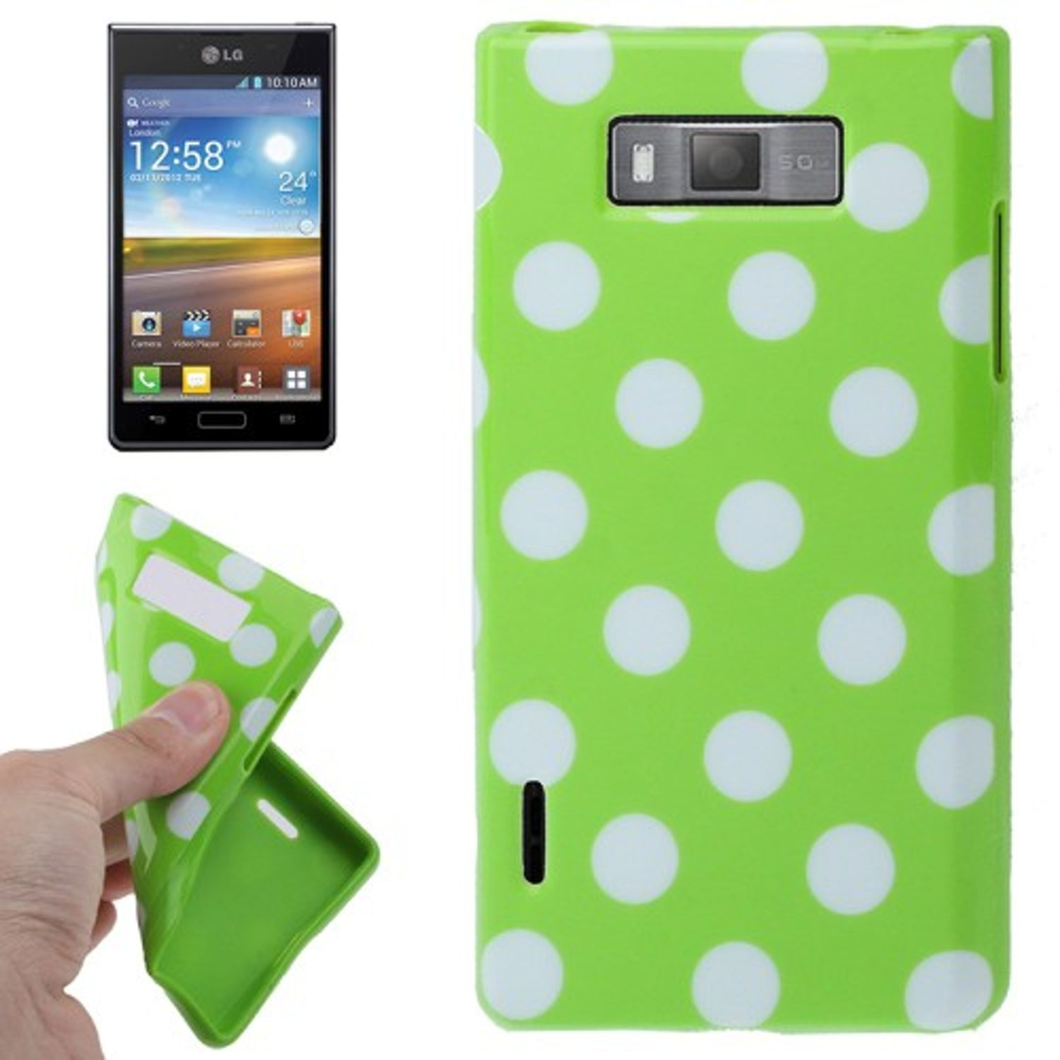 Grüne Handyhülle mit weißen Polka Dots. Ein Telefon ist sichtbar.