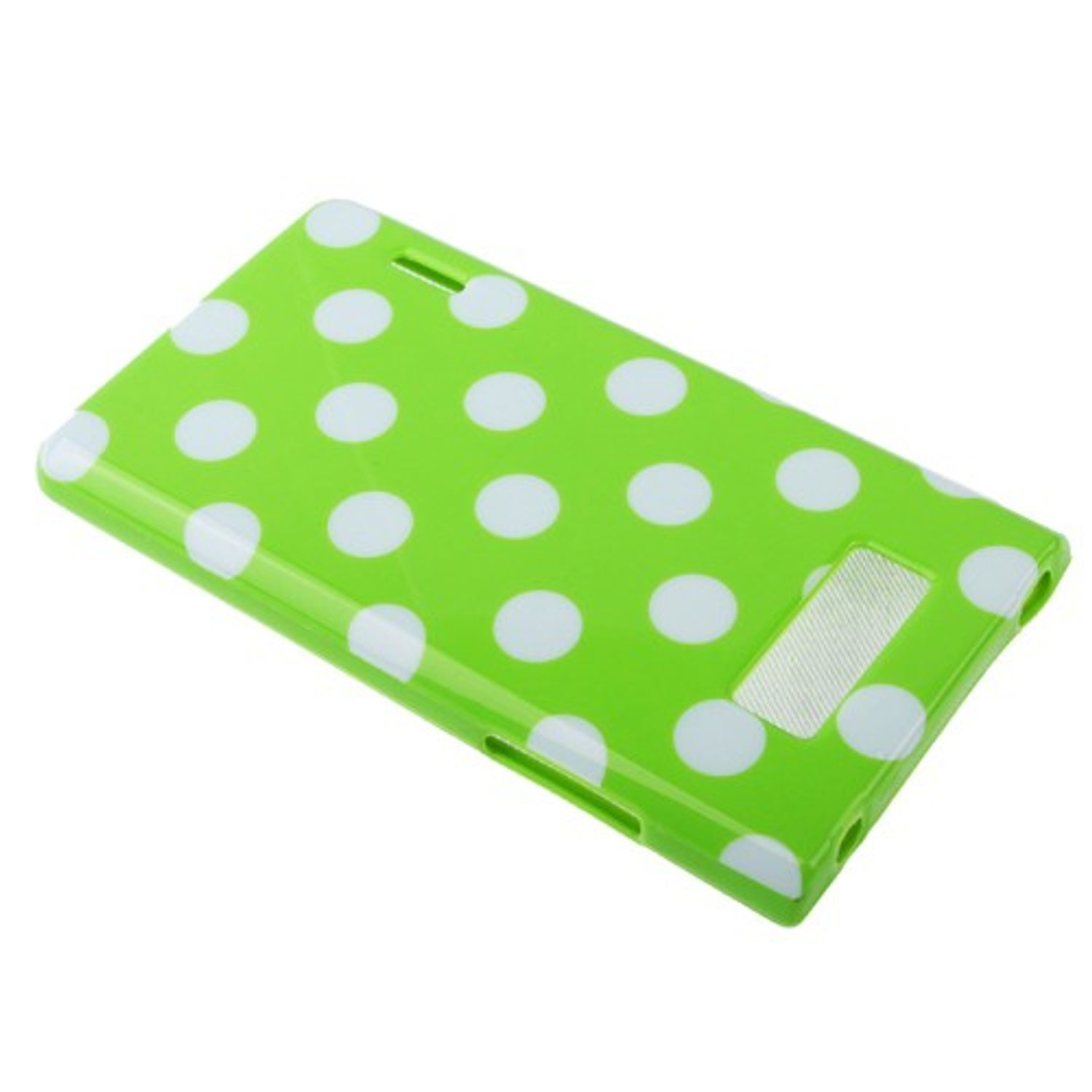 Grüne Handyhülle mit weißen Polka Dots.