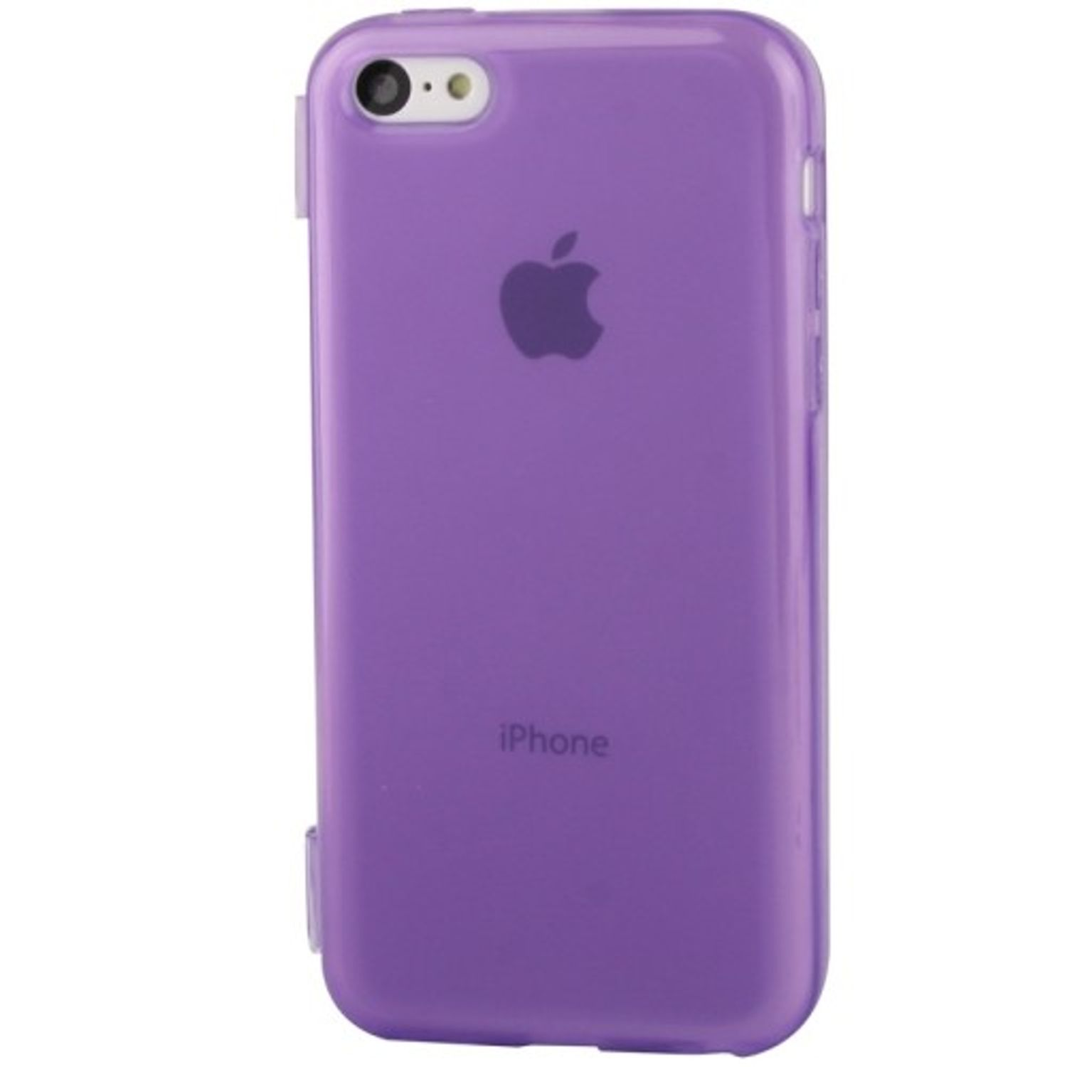 Lila iPhone-Hülle mit Apple-Logo und Kamera. Weißer Hintergrund.