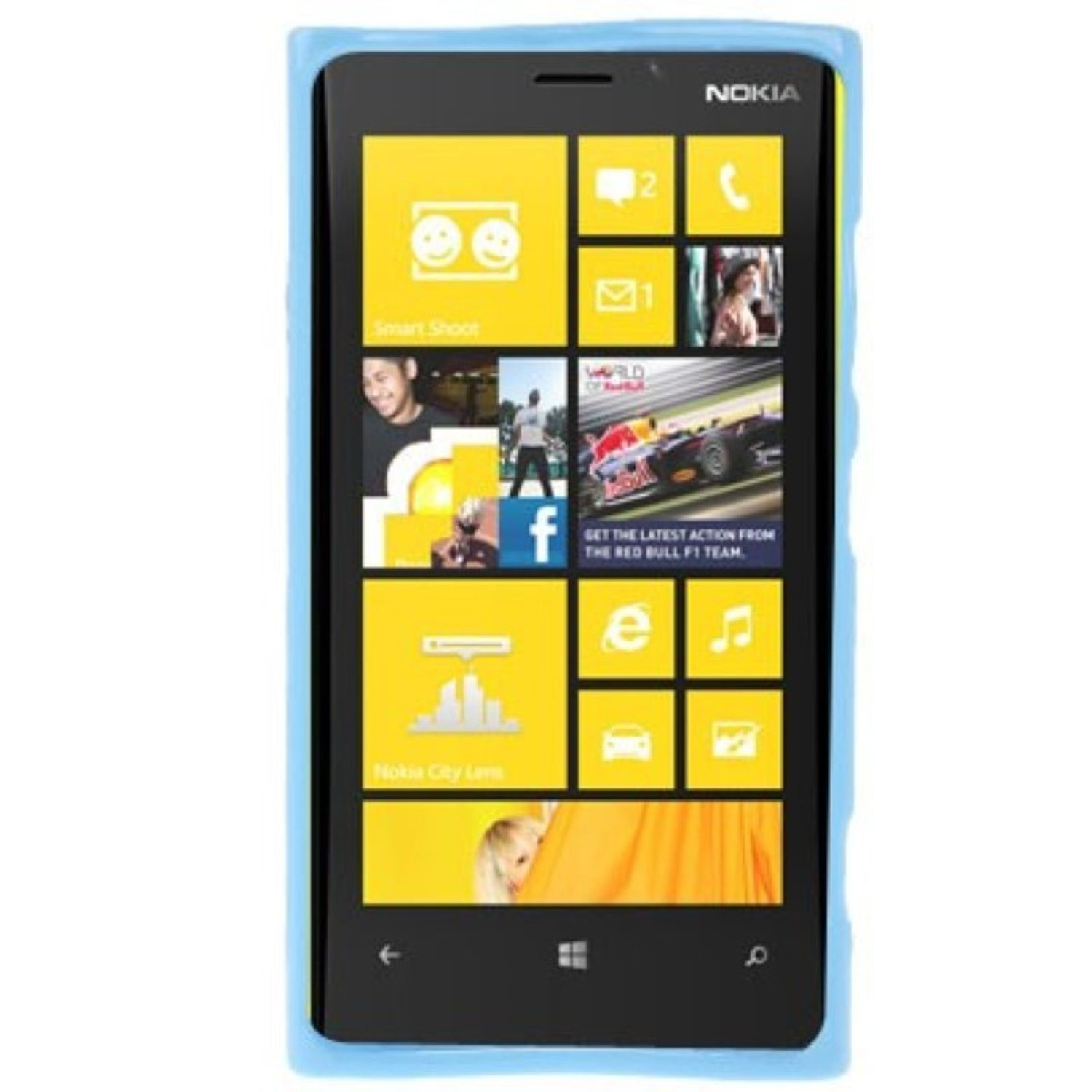 Ein schwarzes Nokia-Smartphone mit gelben Kacheln auf dem Bildschirm. Es hat einen blauen Rahmen.