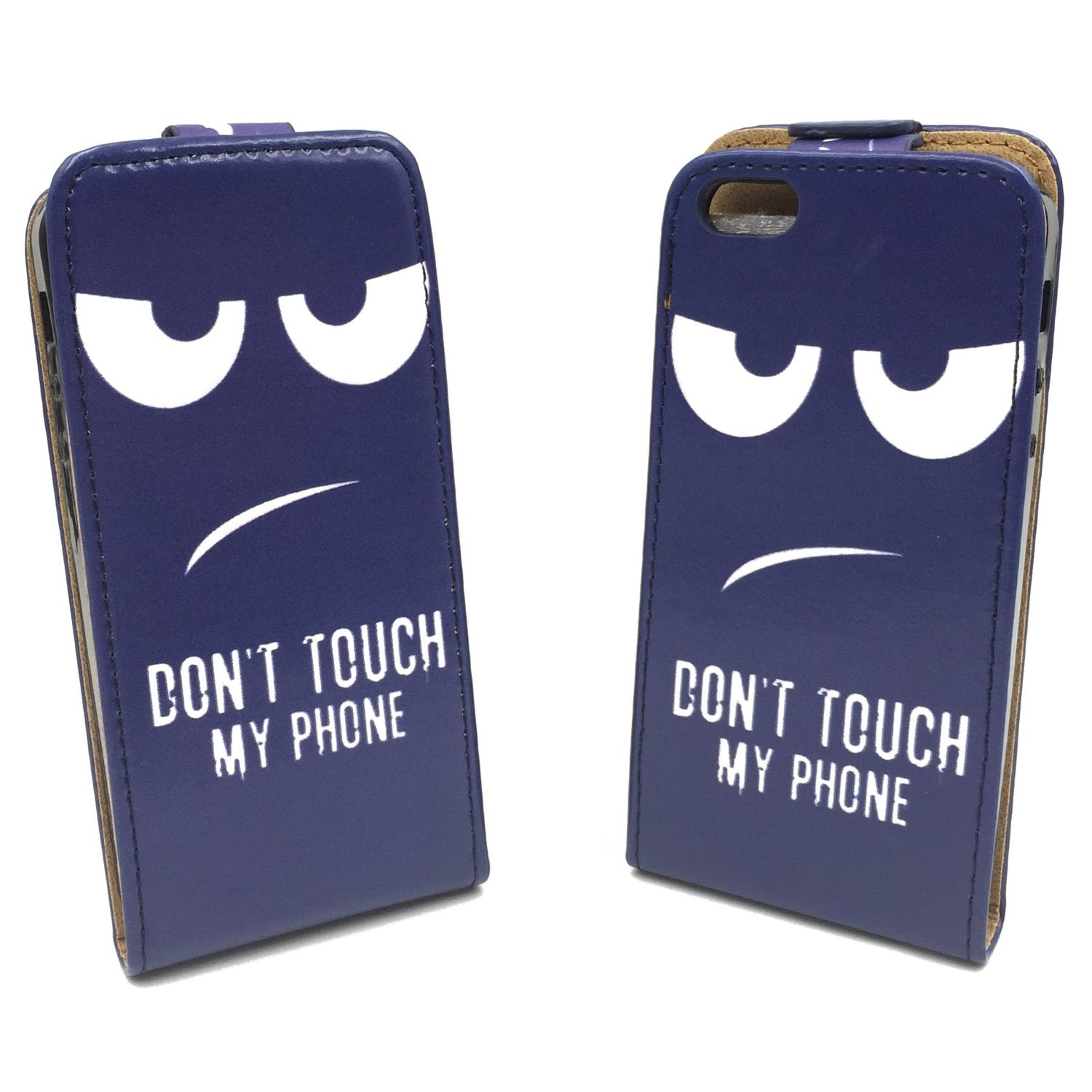 Zwei blaue Handyhüllen, jede mit wütenden Gesichtern und dem Text 'DON'T TOUCH MY PHONE'.