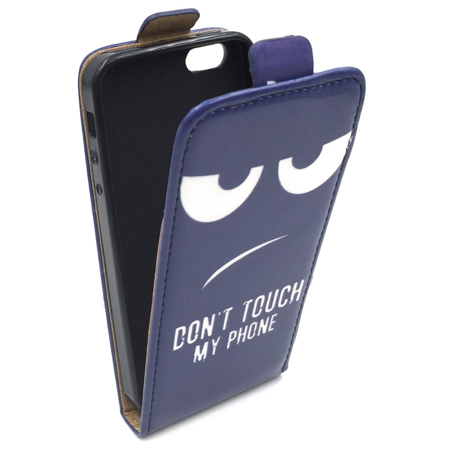 Blaue Handyhülle mit grimmigem Gesicht und dem Text 'Don't Touch My Phone'.