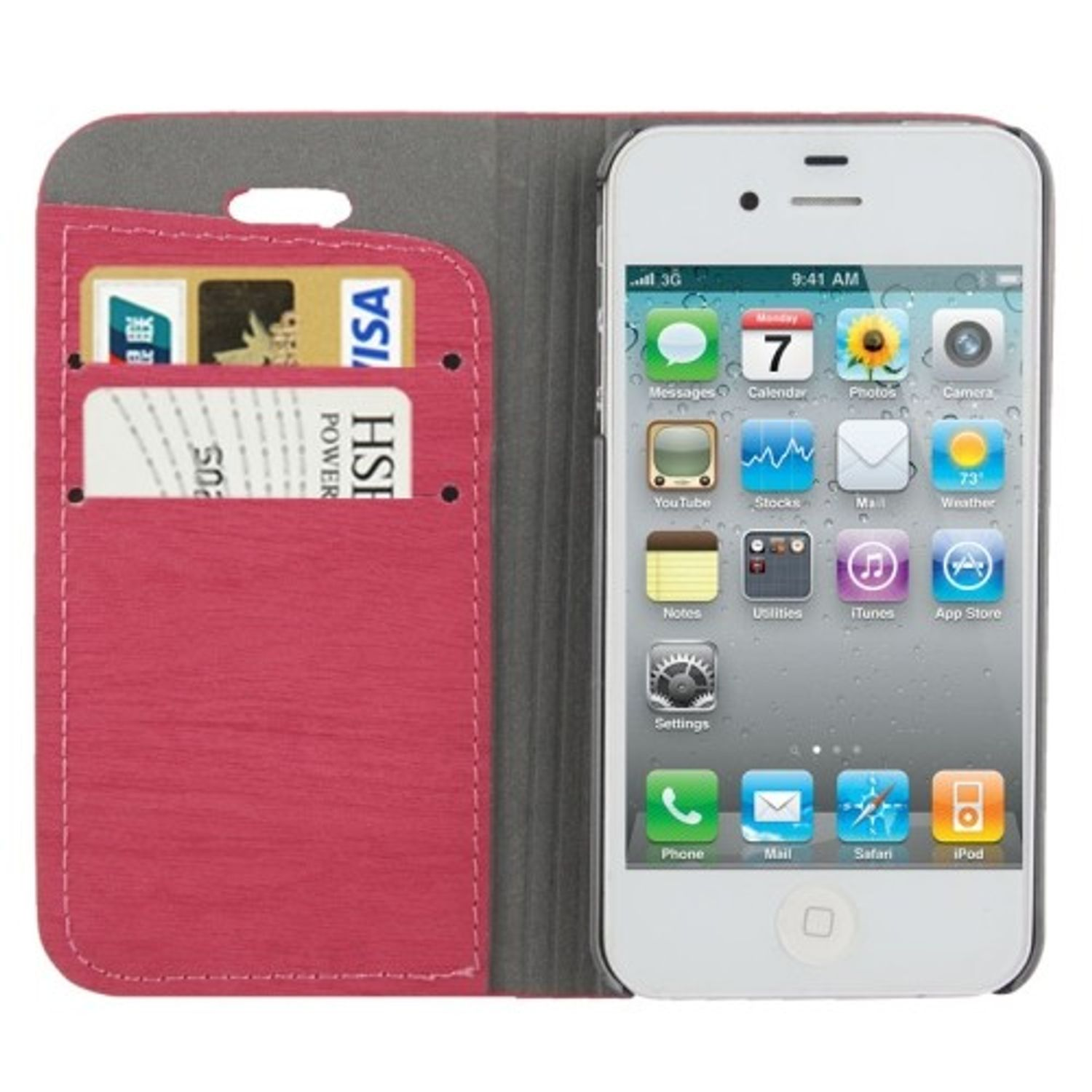 Ein iPhone in einer rosa-grauen Brieftaschenhülle. Das Telefon zeigt Apps an, eine Kreditkarte ist sichtbar.