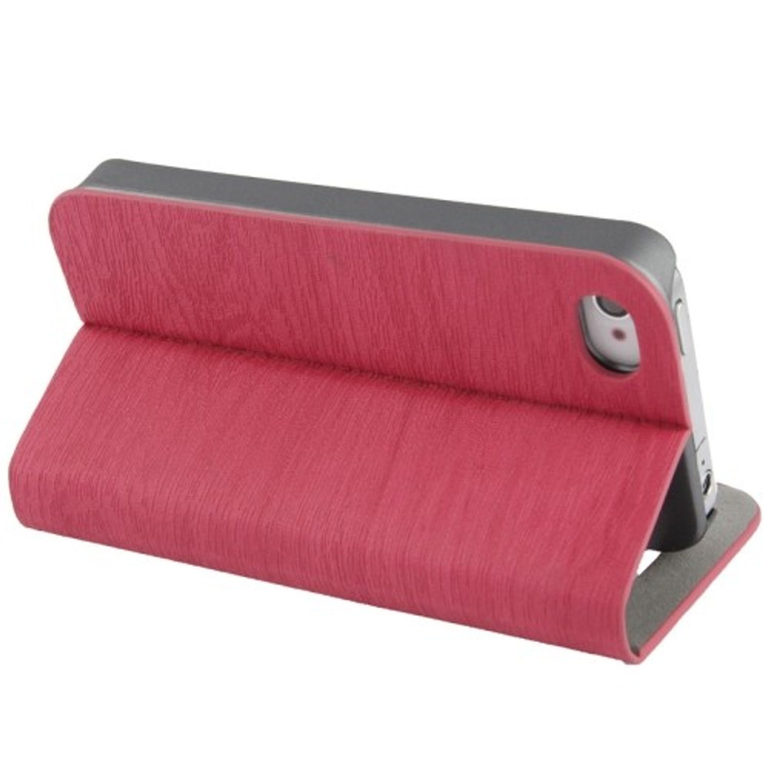 Rote Holz-Handyhülle offen mit einem Telefon darin. Grauer Hintergrund.