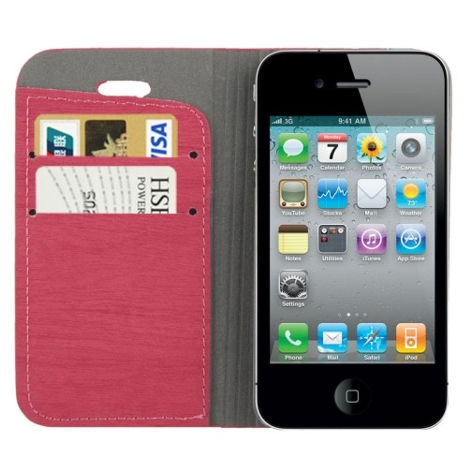 Schwarzes iPhone mit rosa Hülle, geöffnet, um Karten zu zeigen. Die Hülle ist rosa mit Karten darin.