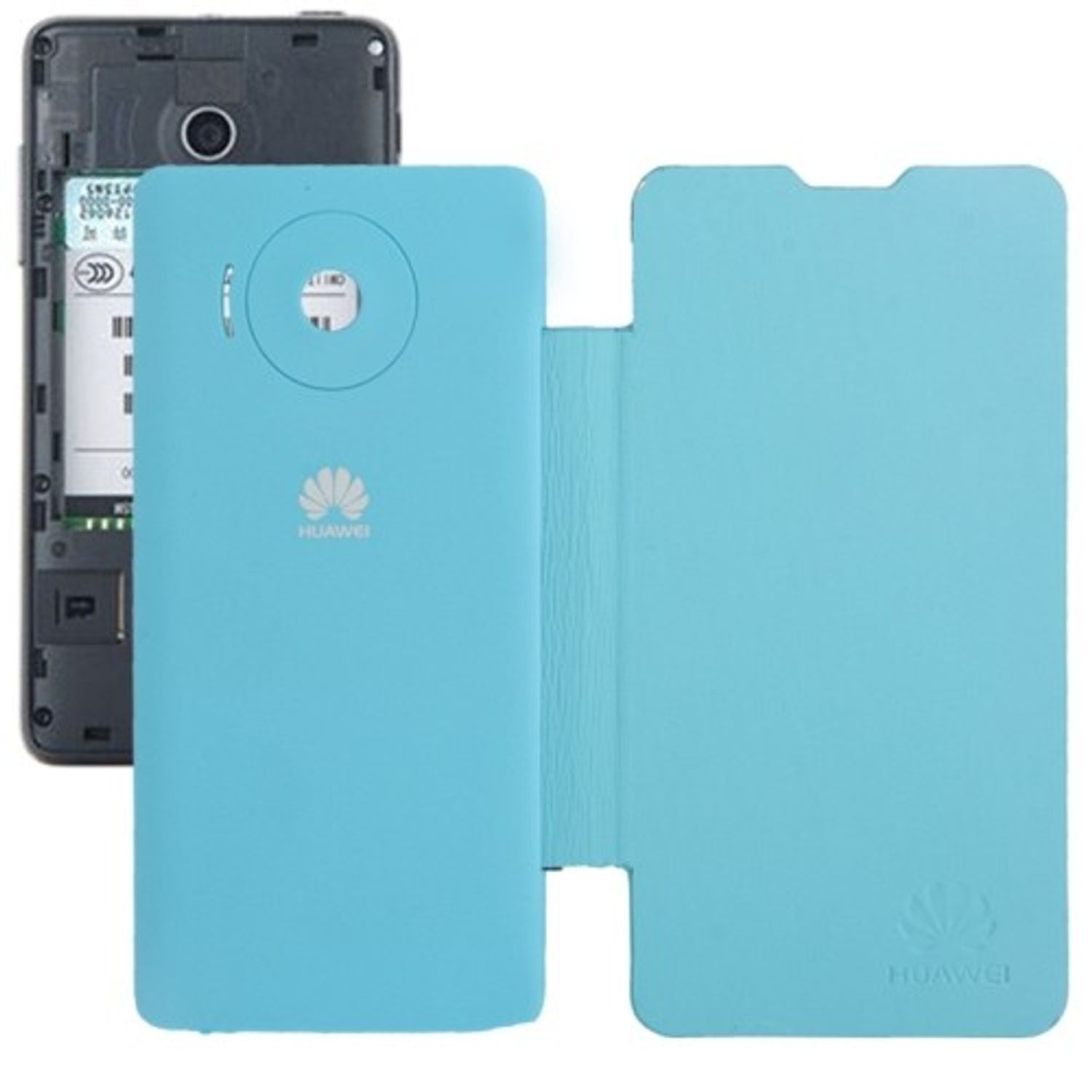 Blaue Handyhülle geöffnet, um ein Telefon zu zeigen. Weißer Hintergrund.