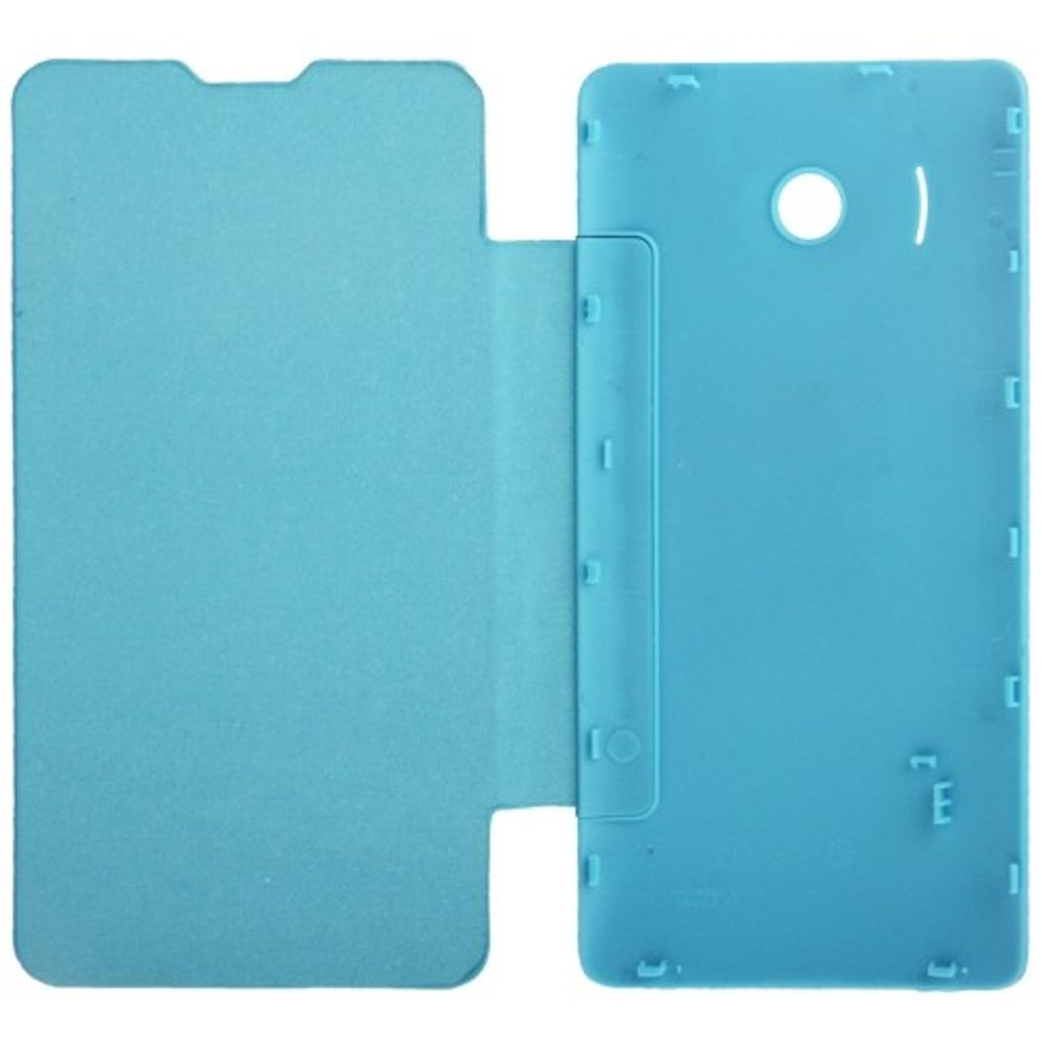 Eine hellblaue Handyhülle, offen, die Innenseite zeigend. Die Hülle ist so konzipiert, dass das Telefon eingesetzt werden kann.