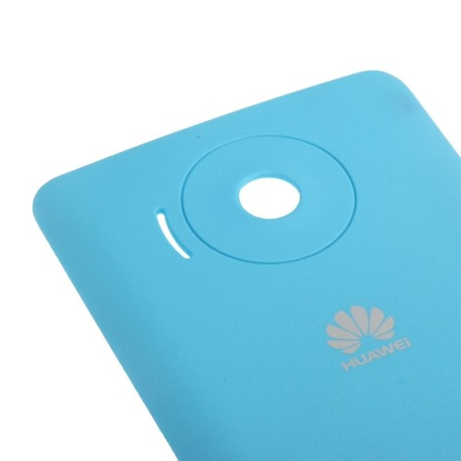 Blaue Handy-Rückseite mit Huawei-Logo und einem Kamera-Loch.