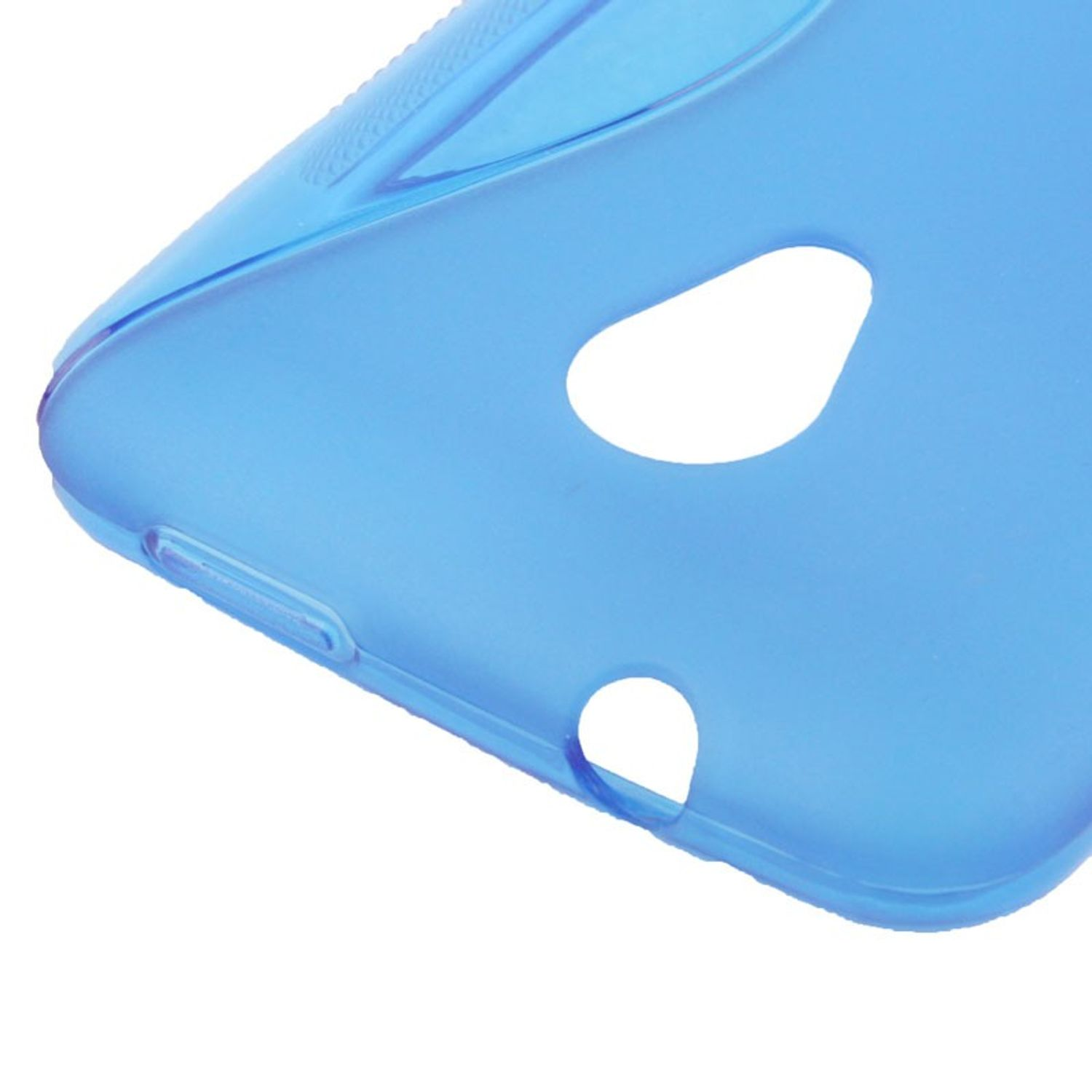 Blaue Handyhülle, eine Ecke mit Öffnungen.