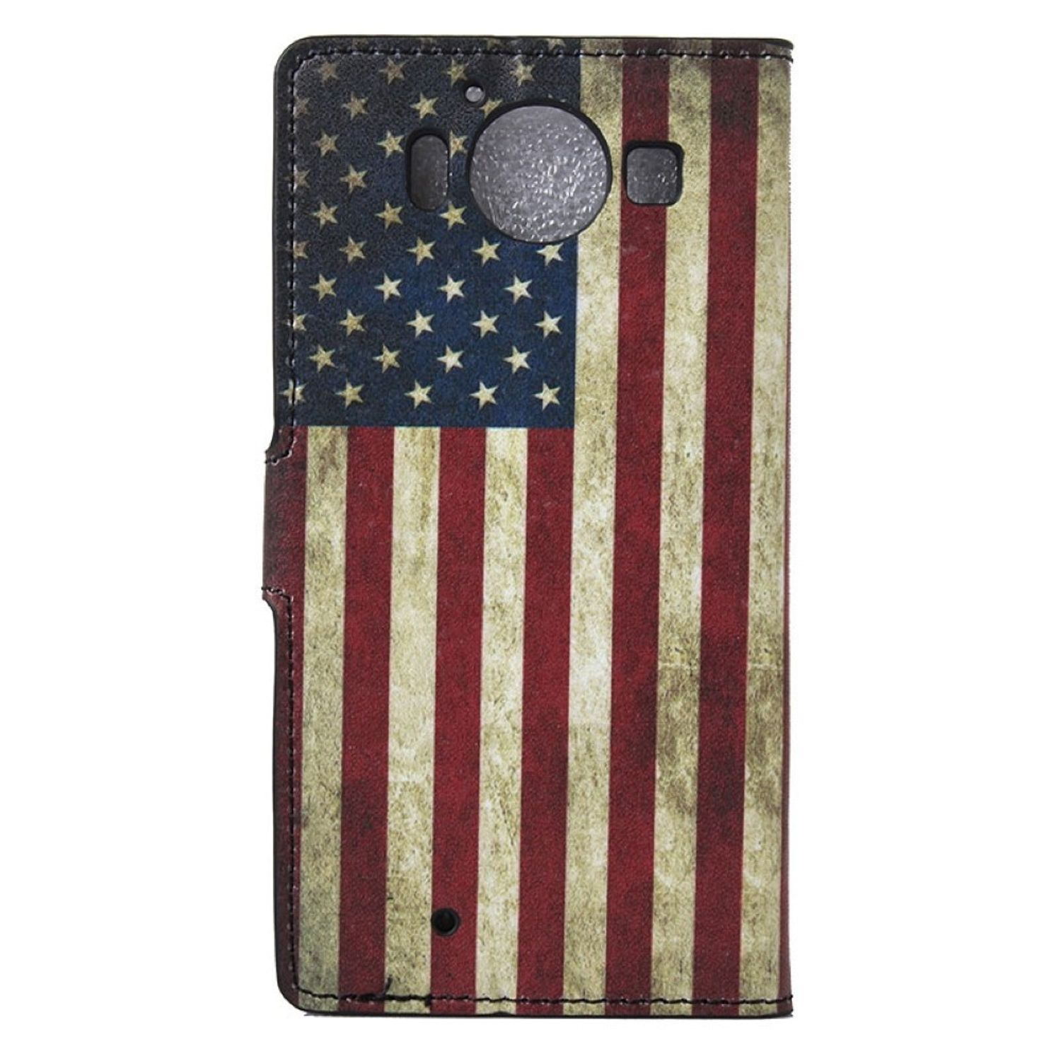 Handyhülle mit dem Design der amerikanischen Flagge. Der Koffer ist geschlossen. Weißer Hintergrund.