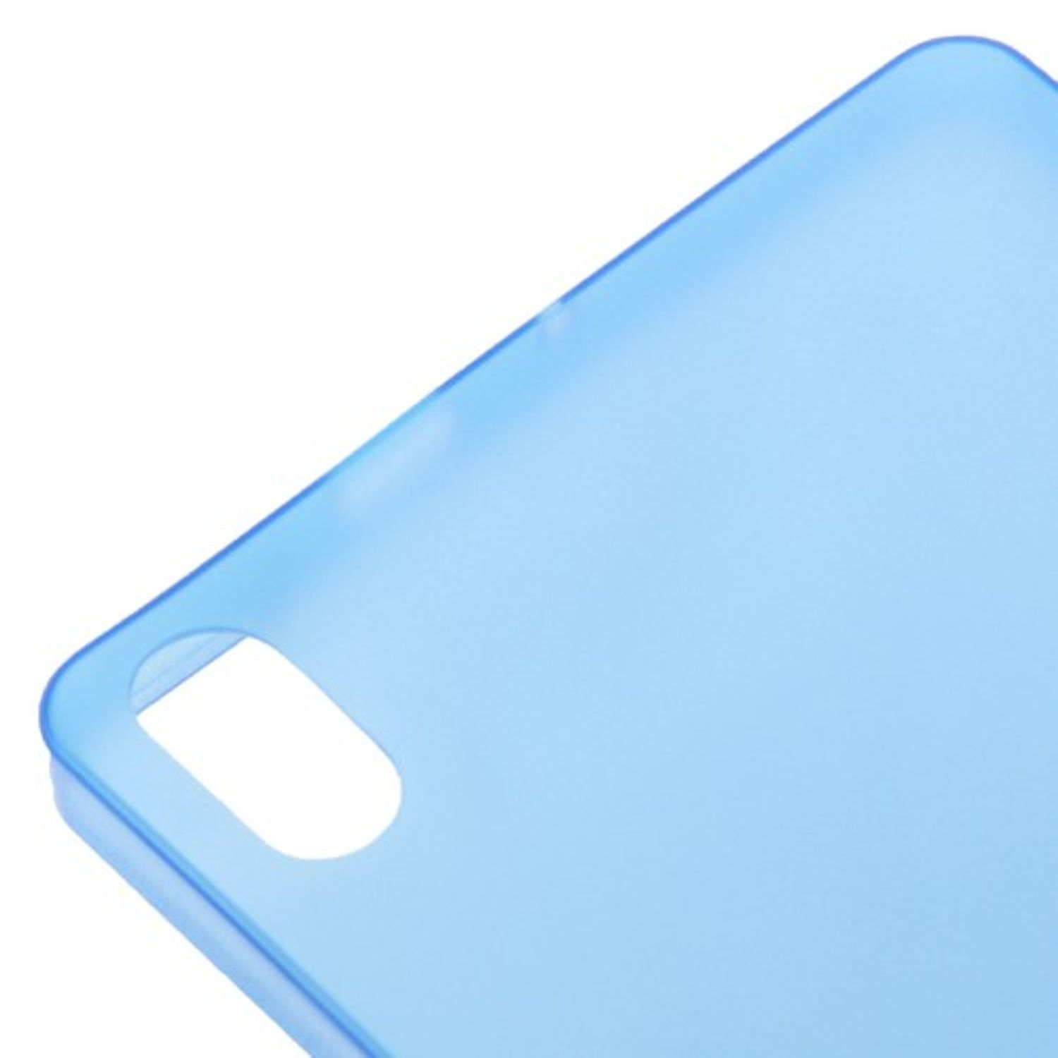 Eine hellblaue Handyhüllen-Ecke, mit einem Ausschnitt für die Telefonfunktionen und einer glatten Oberfläche.