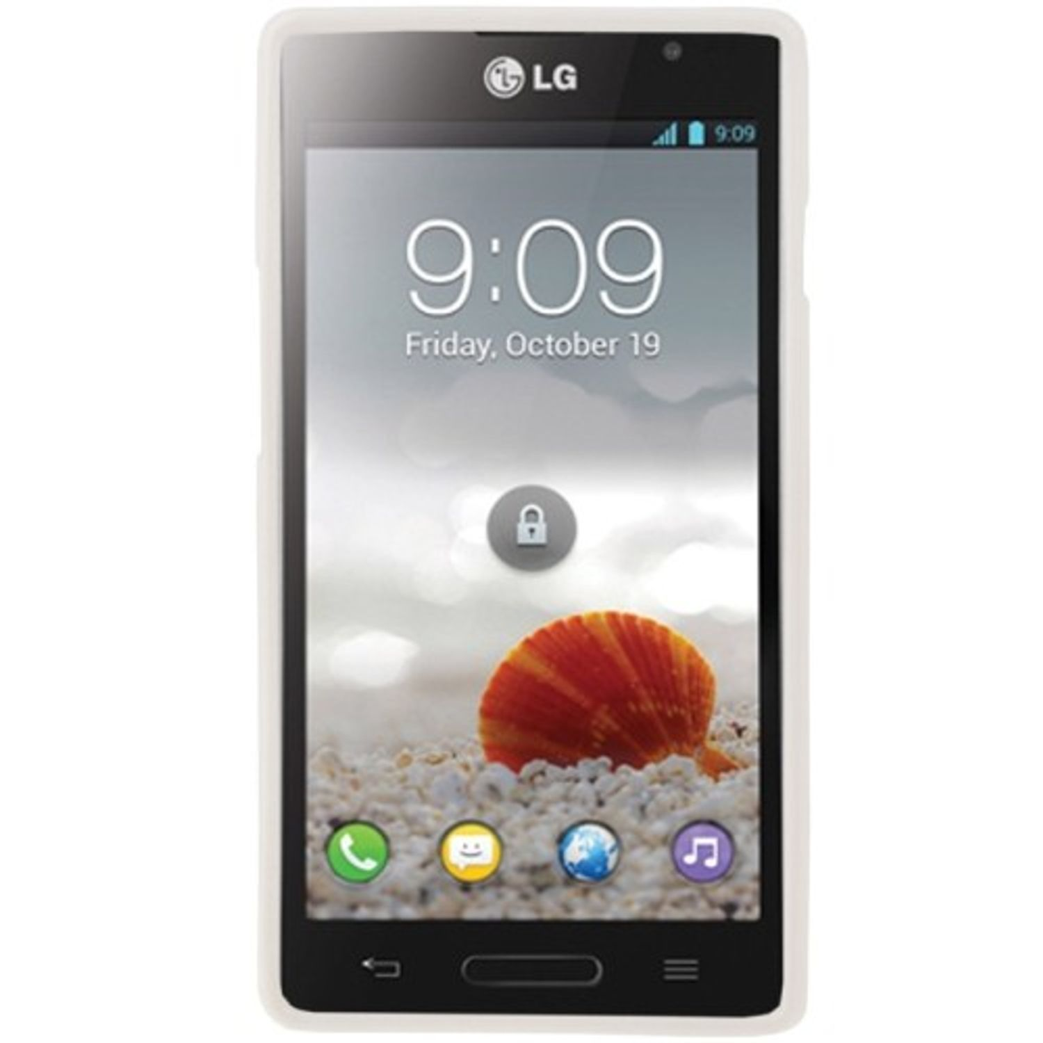 LG-Telefon mit weißer Hülle. Das Display zeigt eine Strandszene und die Uhrzeit 9:09. Muschel auf Sand. Weißer Hintergrund.