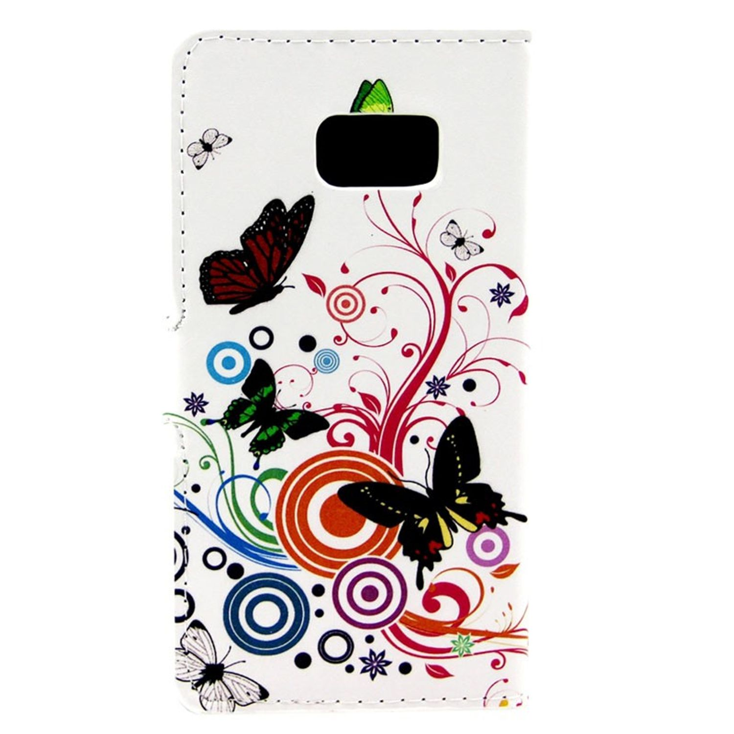 Weiße Handyhülle mit buntem Blumen- und Schmetterlingsdesign.