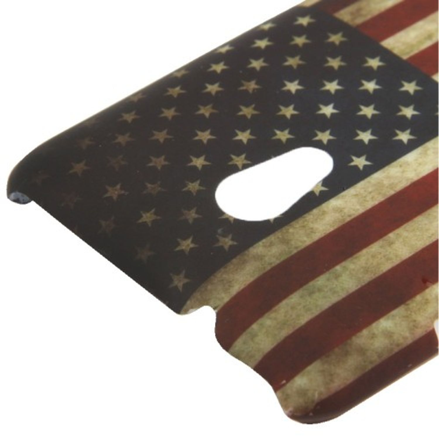 Handyhülle mit dem Design der amerikanischen Flagge. Die Hülle hat Öffnungen. Weißer Hintergrund.