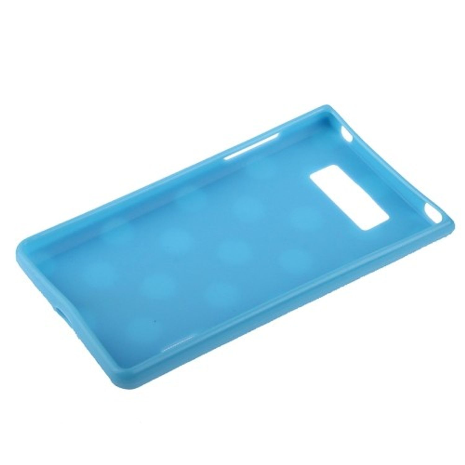 Blaue Handyhülle mit Punkten. Rechteckig, Loch für Kamera.