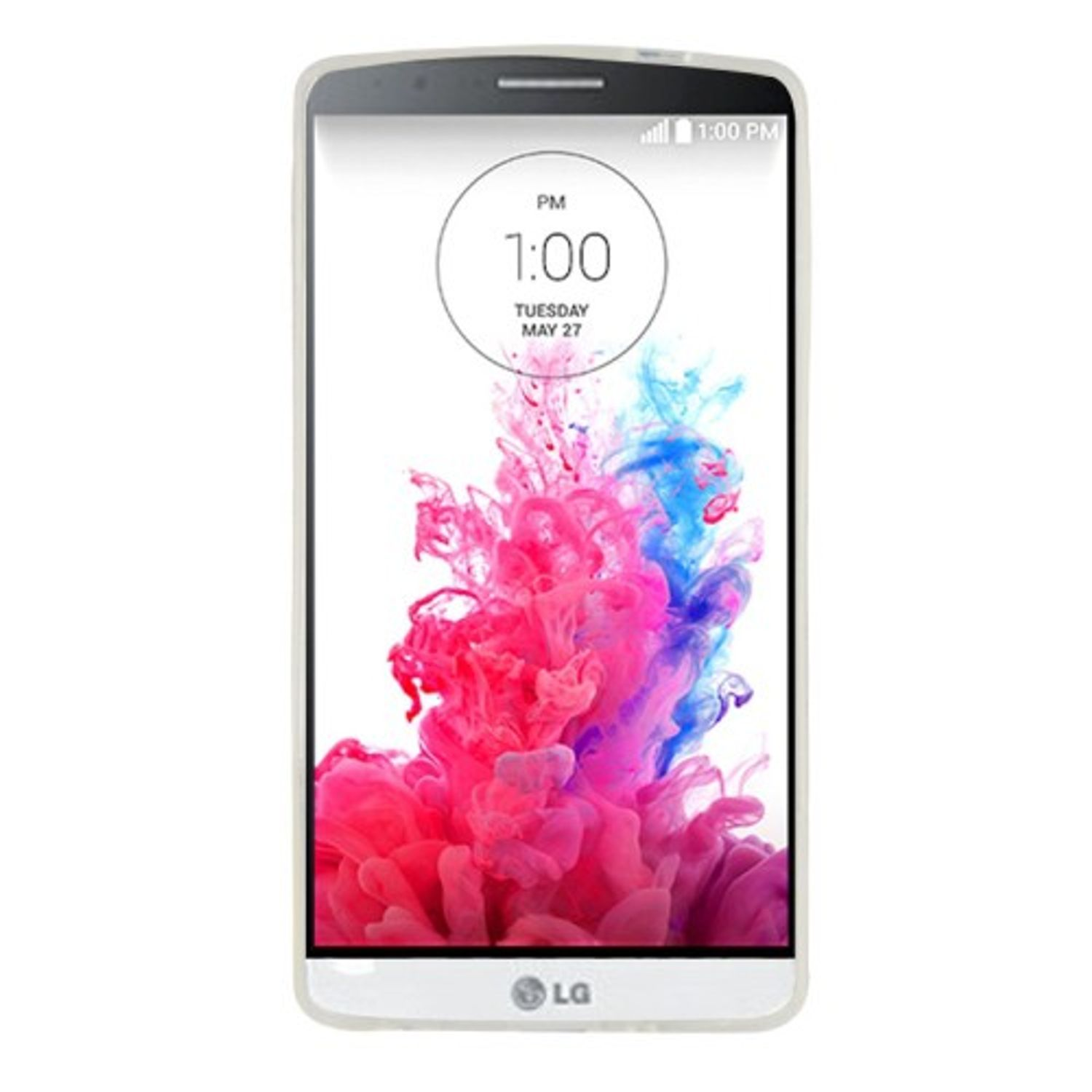 Weißes Smartphone mit farbenfroher Tinten-Spritzer auf dem Bildschirm, LG-Logo unten.