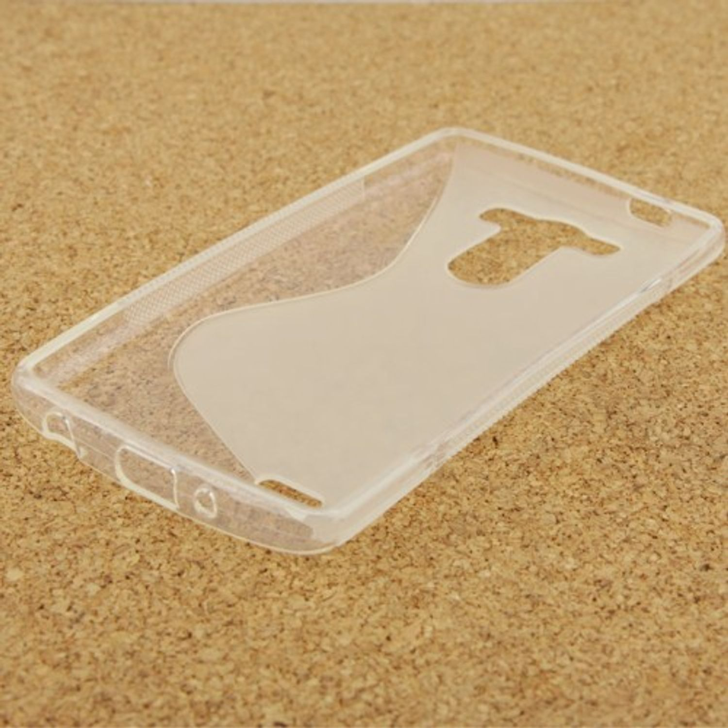 Eine transparente Handyhülle. Der Hintergrund ist Kork.