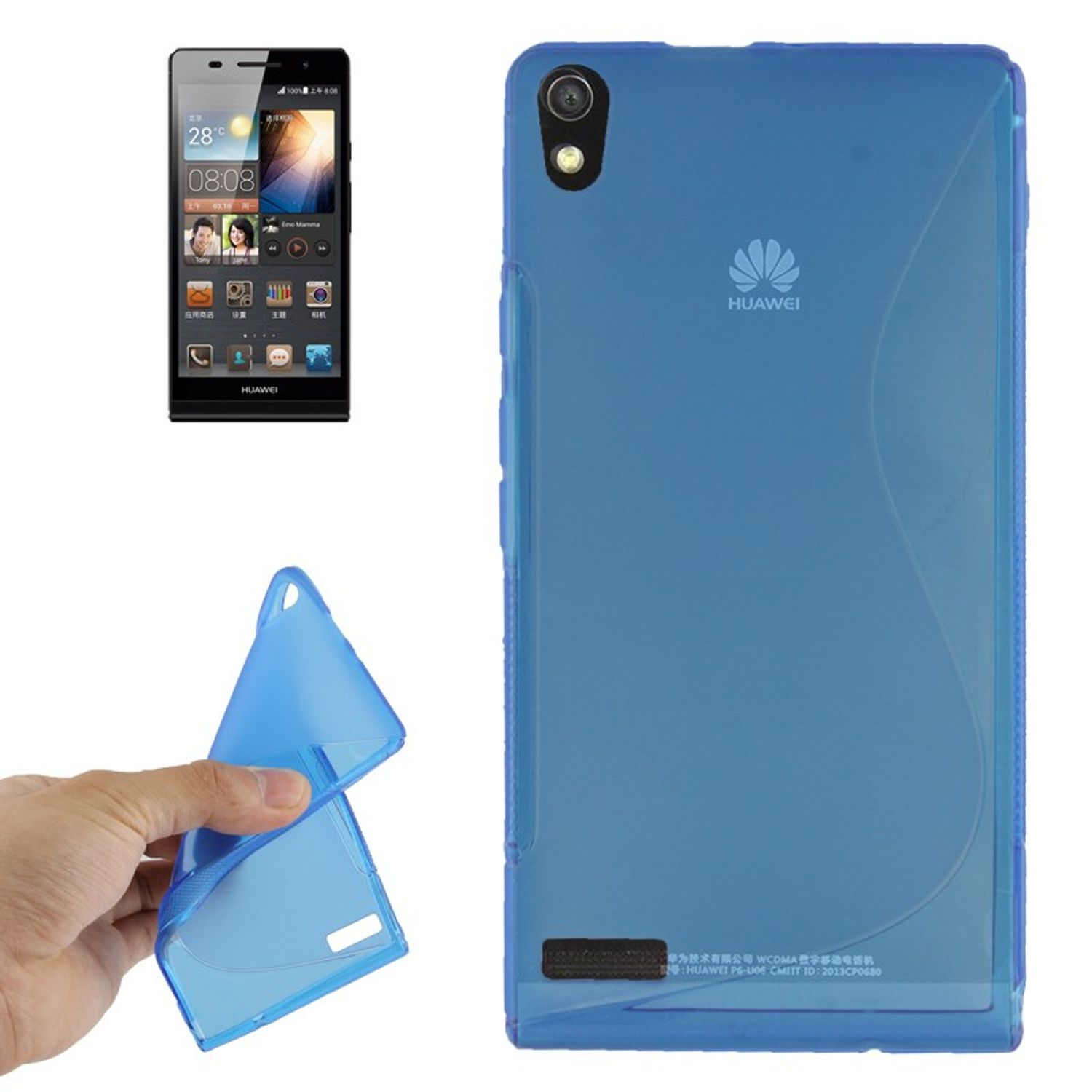 Blaue Hülle mit Telefon. Telefon zeigt Uhrzeit und Datum an. Eine Hand hält die Hülle.