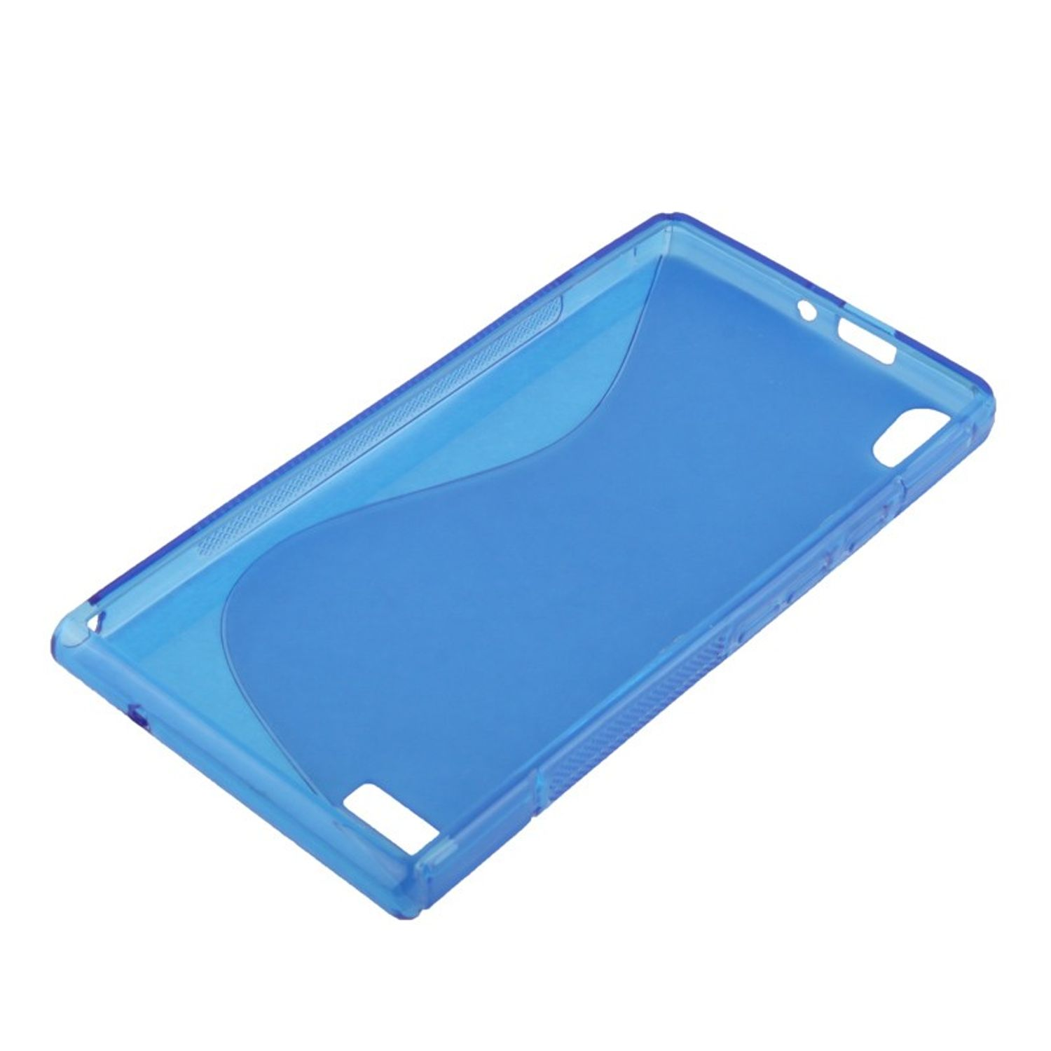 Blaue, transparente Handyhülle. Rechteckige Form mit geschwungenem Design innen.