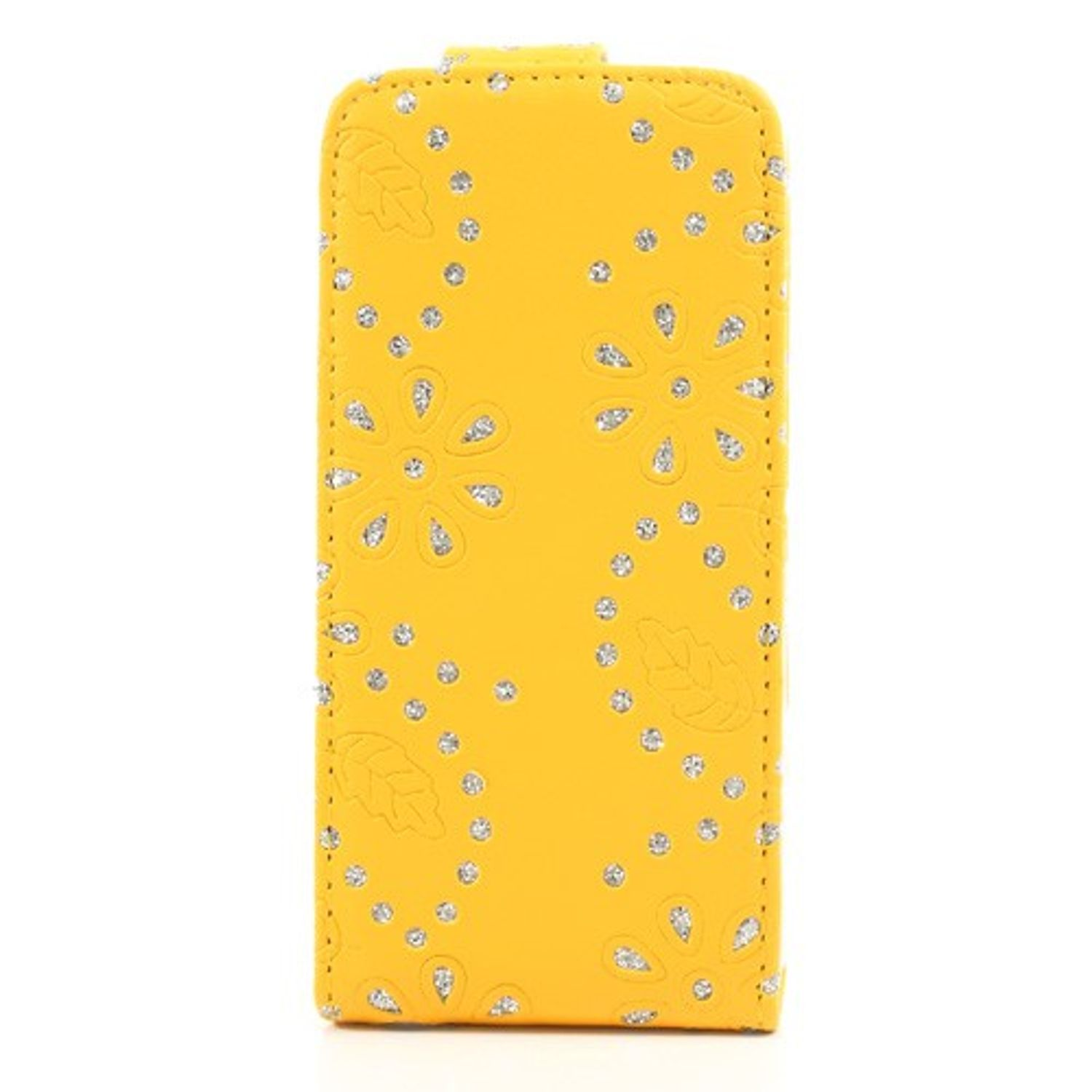 Gelbe Handyhülle mit Blumen- und Schmuckverzierungen. Weißer Hintergrund.