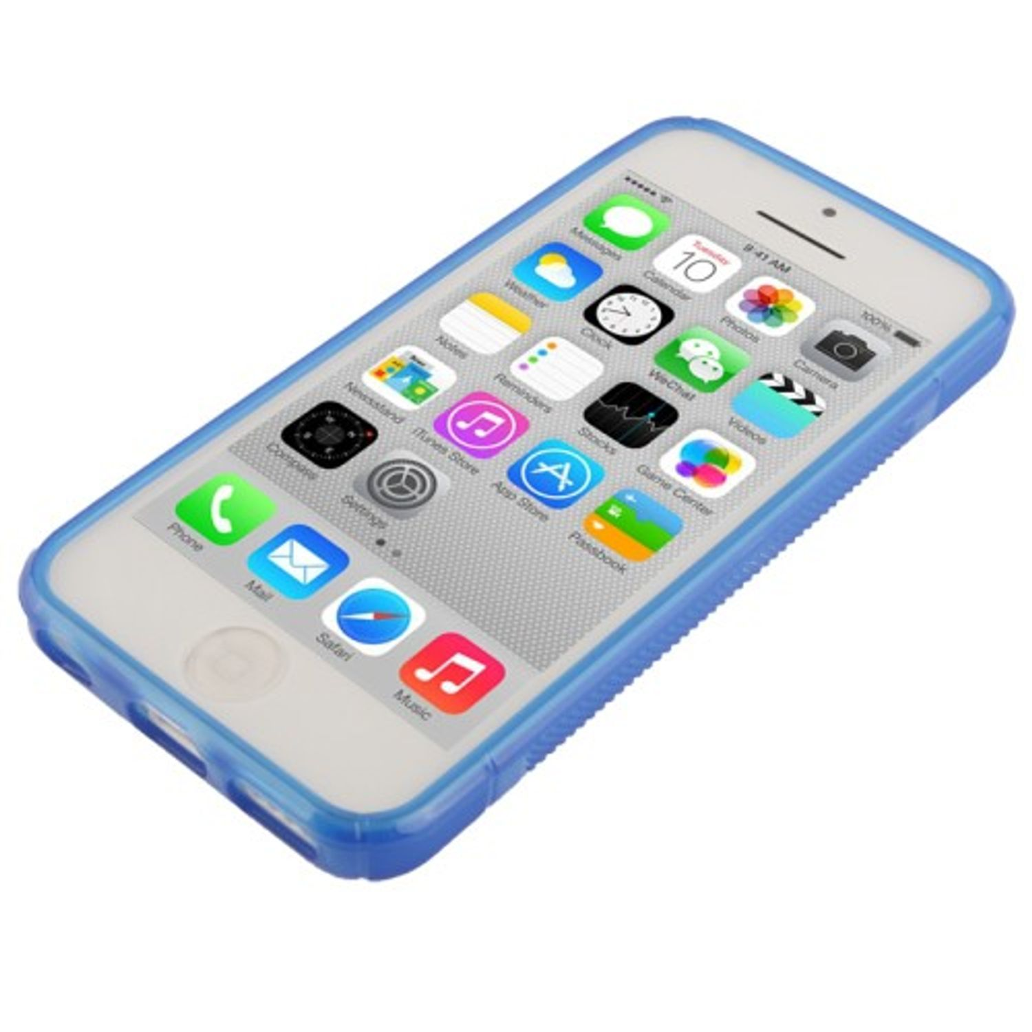 Smartphone mit blauer Schutzhülle. Das Telefon zeigt App-Symbole.
