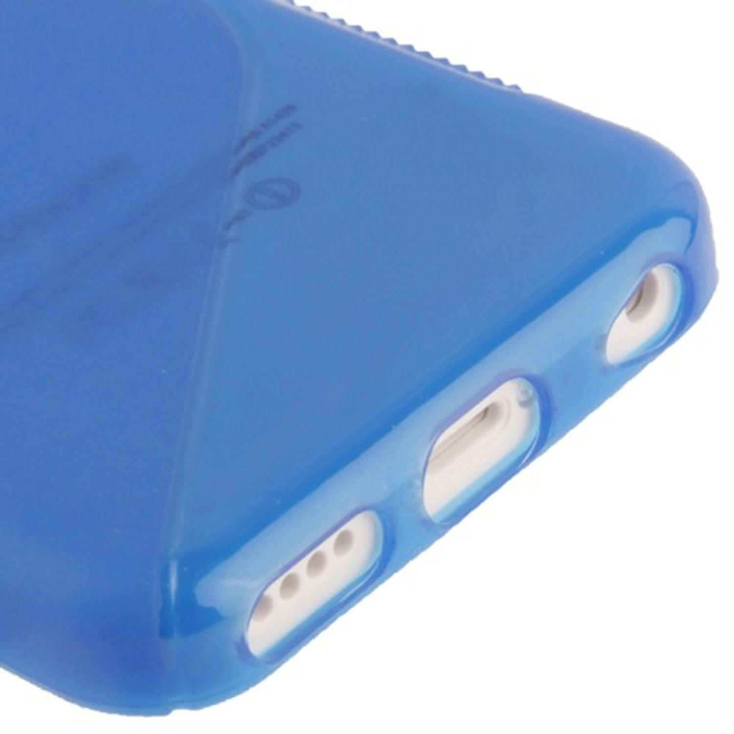 Nahaufnahme einer blauen Handyhülle mit Aussparungen für Anschl üsse und Kamera.