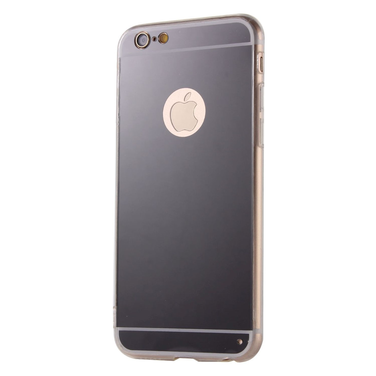 Ein goldgerahmtes Telefon mit einem Apple-Logo auf schwarzem Untergrund. Das Telefon hat Kamera und Blitz.