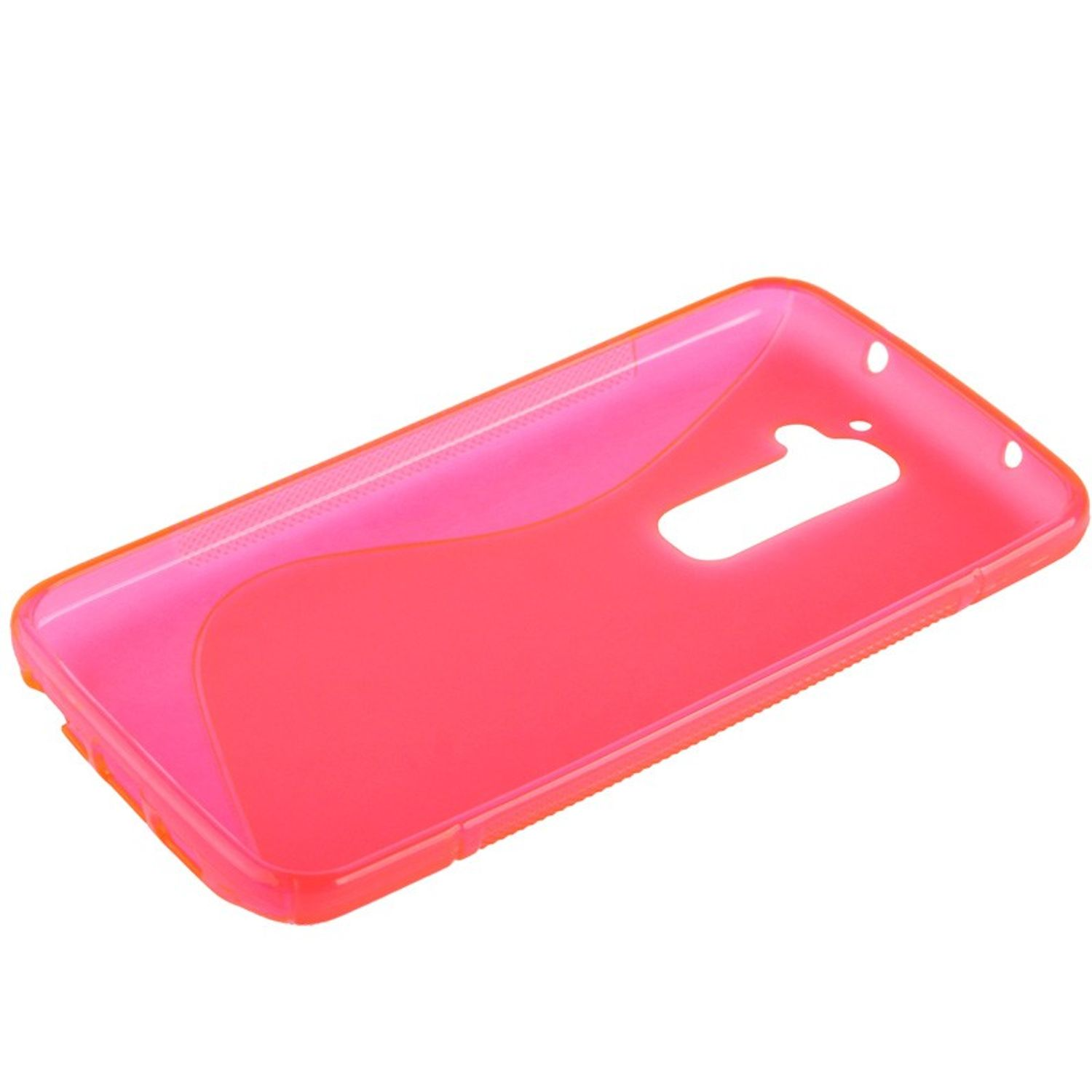 Hellrosa Handyhülle. Transparentes Plastik mit geschwungenem Design. Weißer Hintergrund.