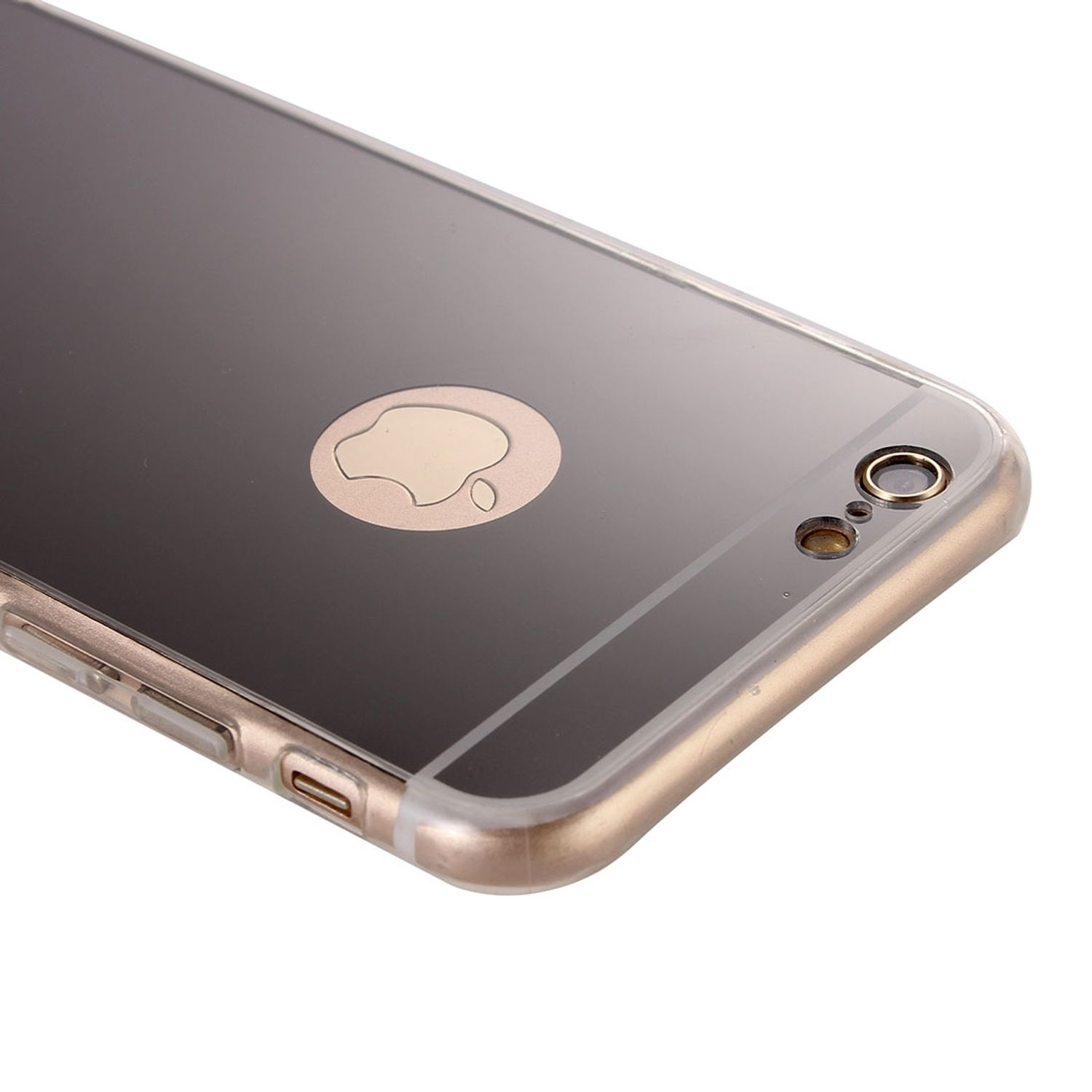 Telefon mit spiegelartiger Rückseite, goldenen Kanten, auf weißem Grund.