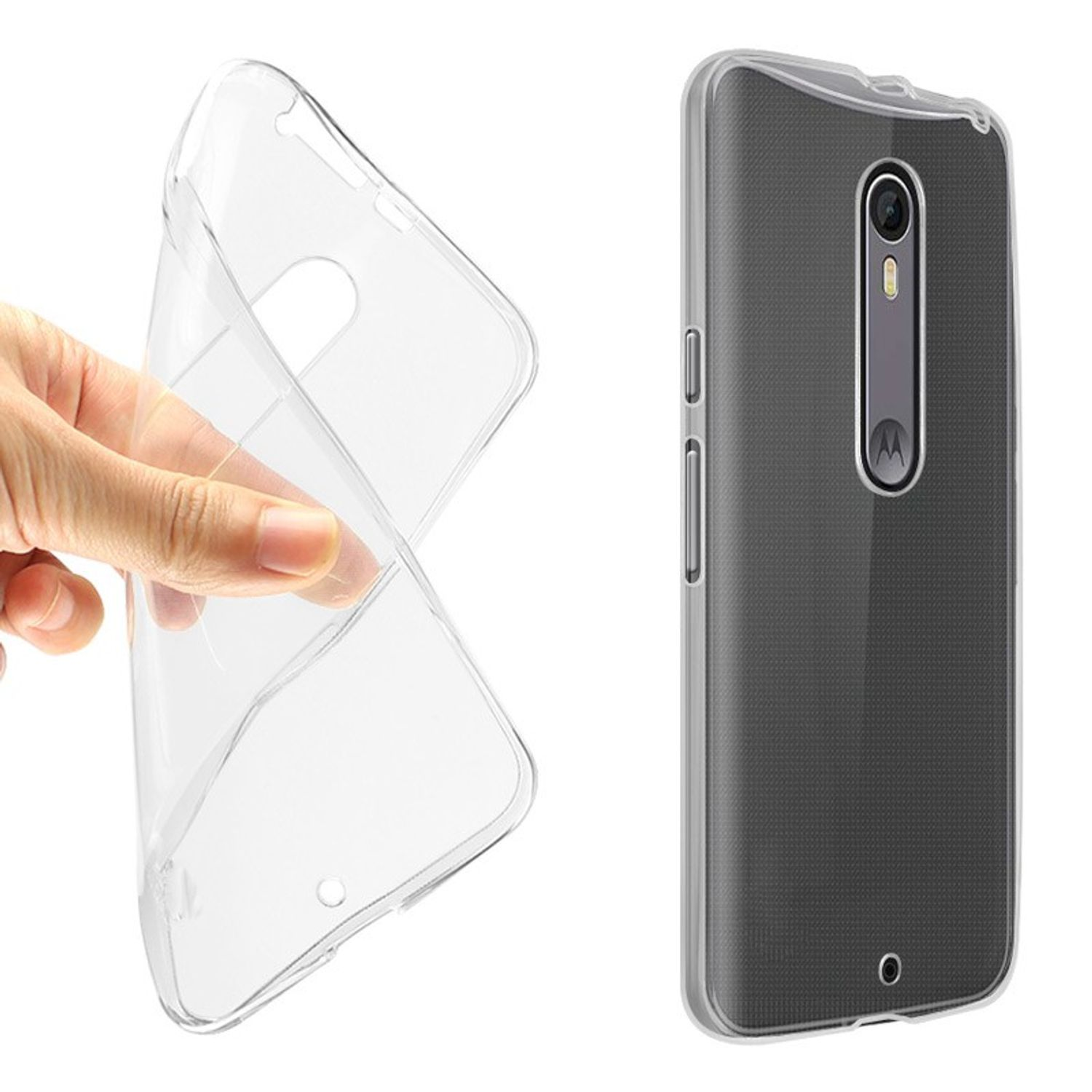 Klare Handyhülle, die von einer Hand gehalten wird. Ein schwarzes Telefon liegt daneben.