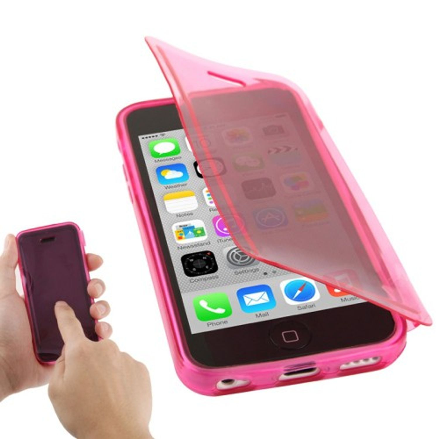 Ein Telefon mit rosa Hülle, das von einer Hand geöffnet wird. Ein kleines Telefon ist auch zu sehen.