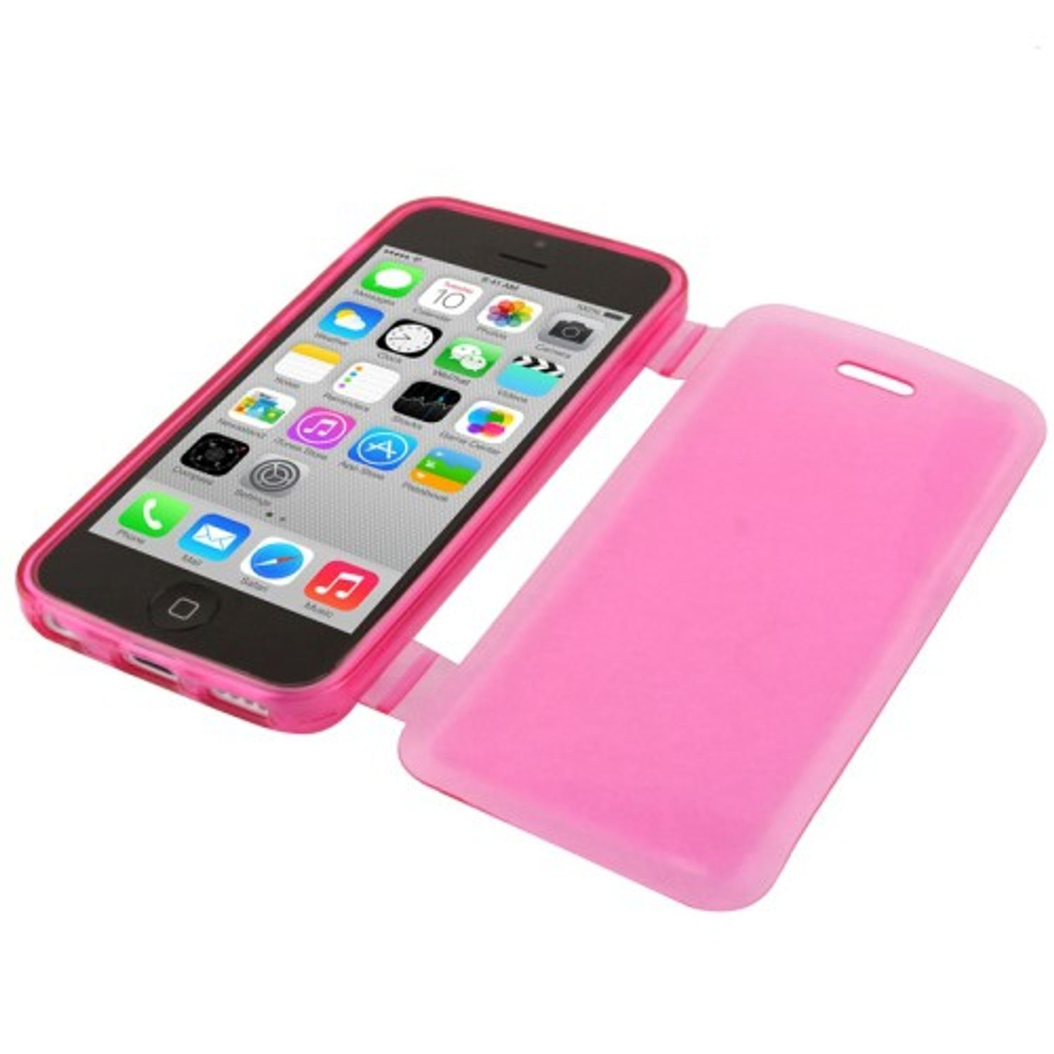 Ein rosa iPhone in einer rosa Handyhülle, Hülle offen, zeigt den Startbildschirm.