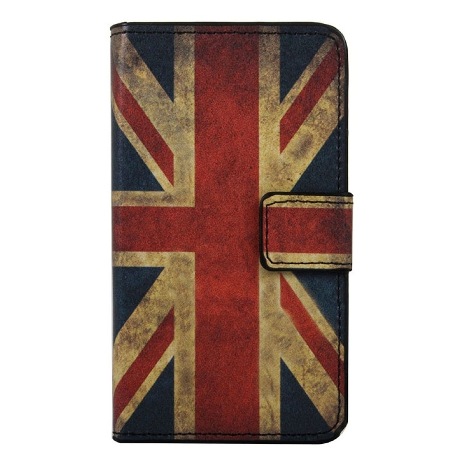 Handyhülle mit Union Jack Design. Rote, weiße und blaue Farben. Die Hülle ist geschlossen. Schwarze Ränder.