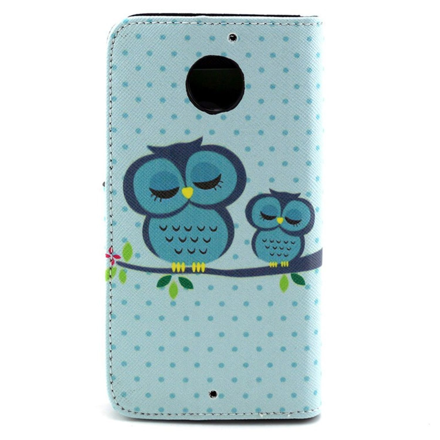Blaue Handyhülle mit Eulen-Design auf gepunktetem Hintergrund. Geschlossen auf weißem Hintergrund.