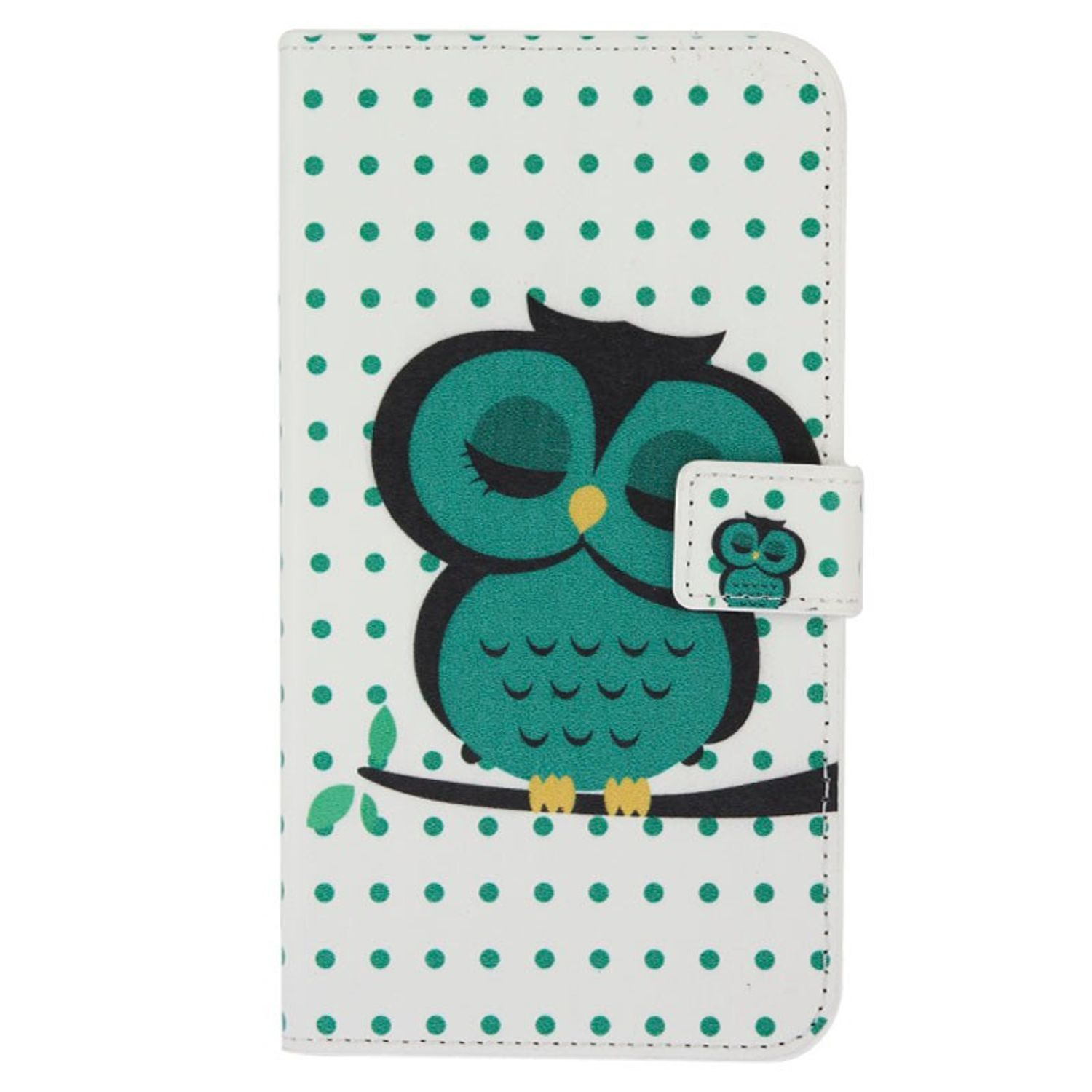 Weiße Handyhülle mit einem Design einer teal Eule. Eule auf einem Ast mit grünen Blättern.