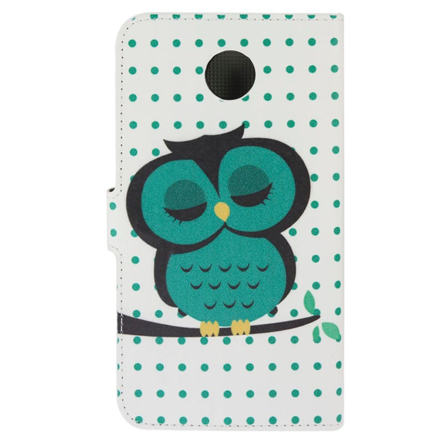Weiße Handyhülle mit einem Design einer teal Eule und grünen Tupfen.