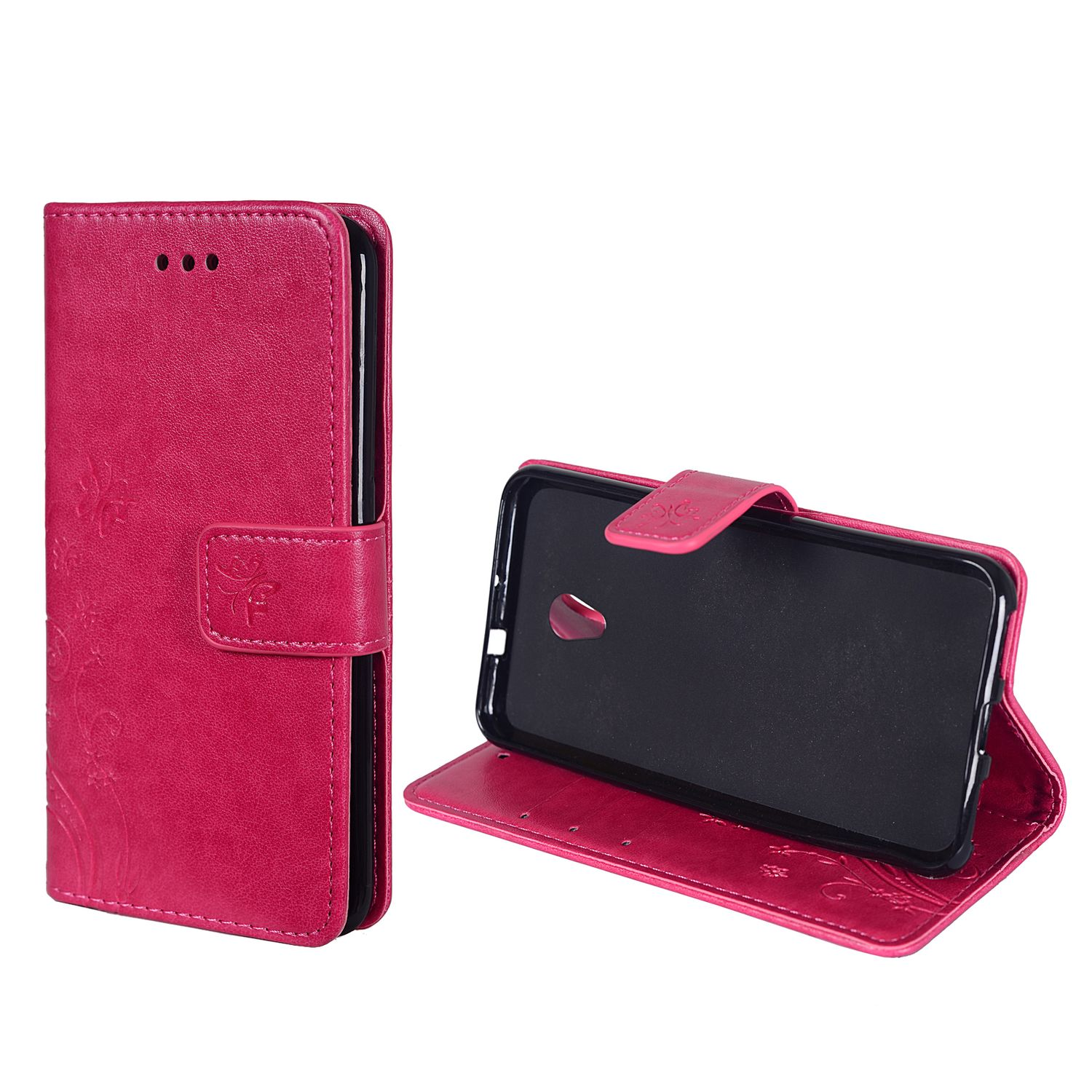 Rosa Leder-Handyhülle, Blumendesign, geöffnet, um das Telefon zu zeigen.