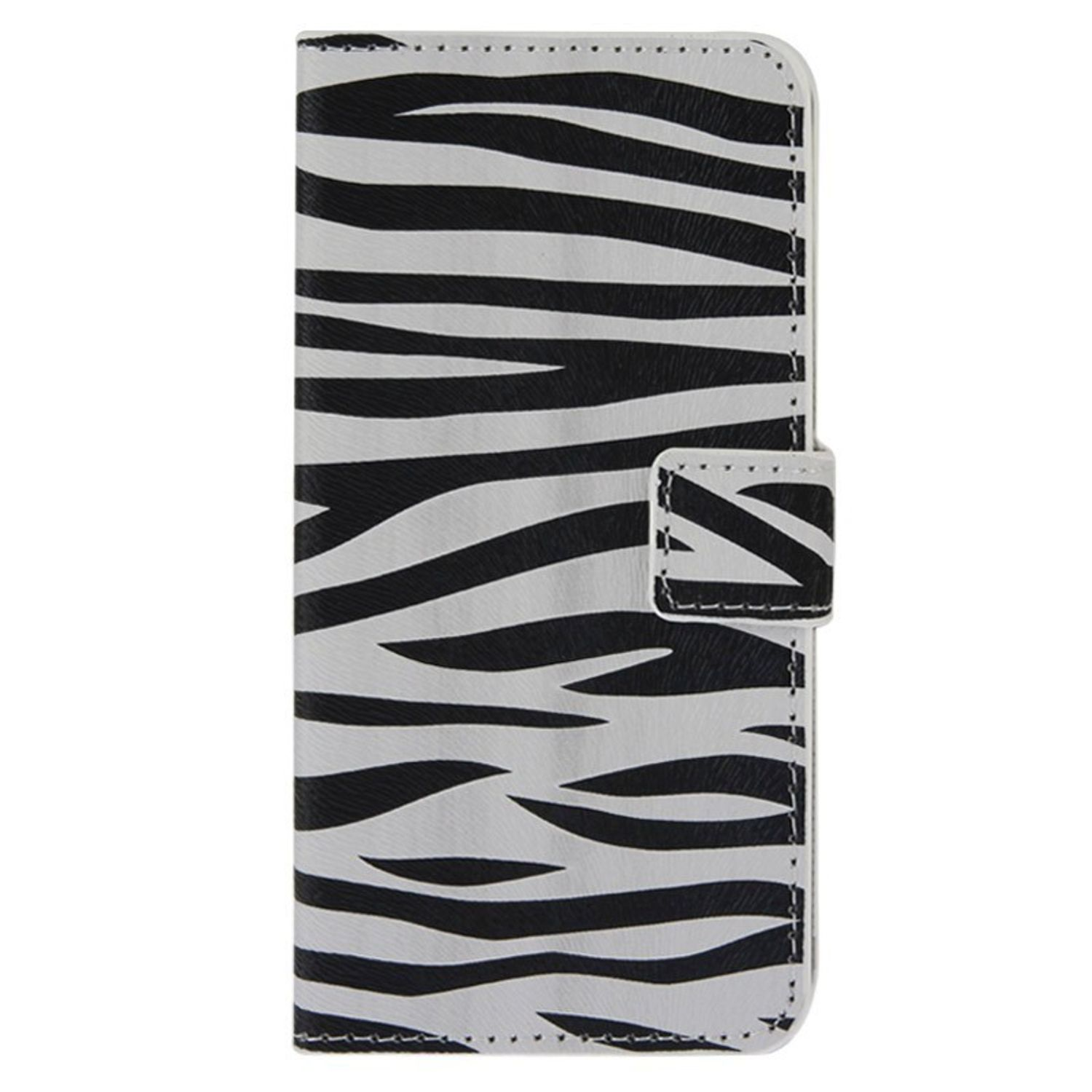 Handyhülle mit Zebrastreifen. Schwarz-weiße Streifen bedecken die Hülle, mit Klappe und Verschluss.