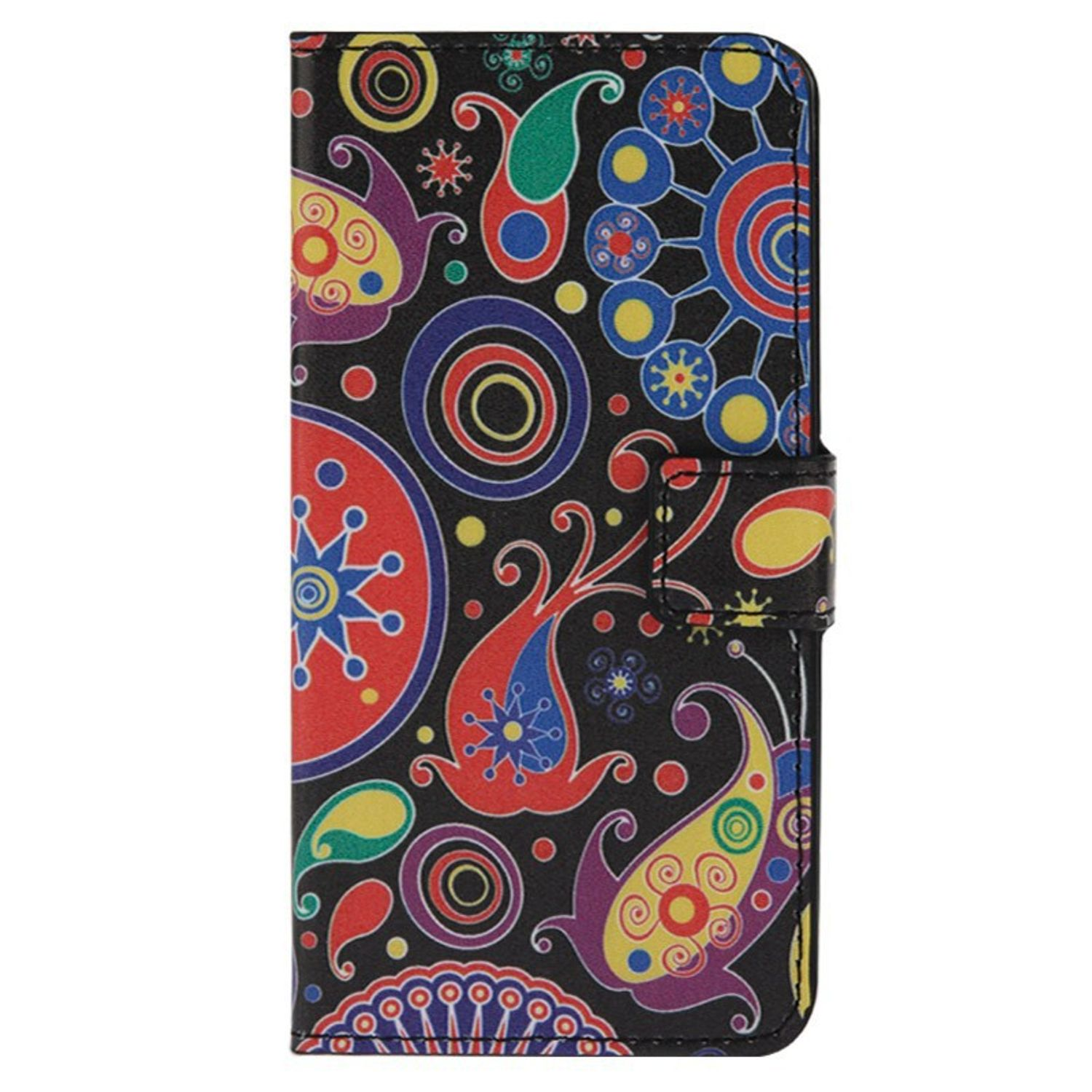 Handyhülle mit buntem Paisley-Design auf schwarzem Hintergrund, geschlossen.