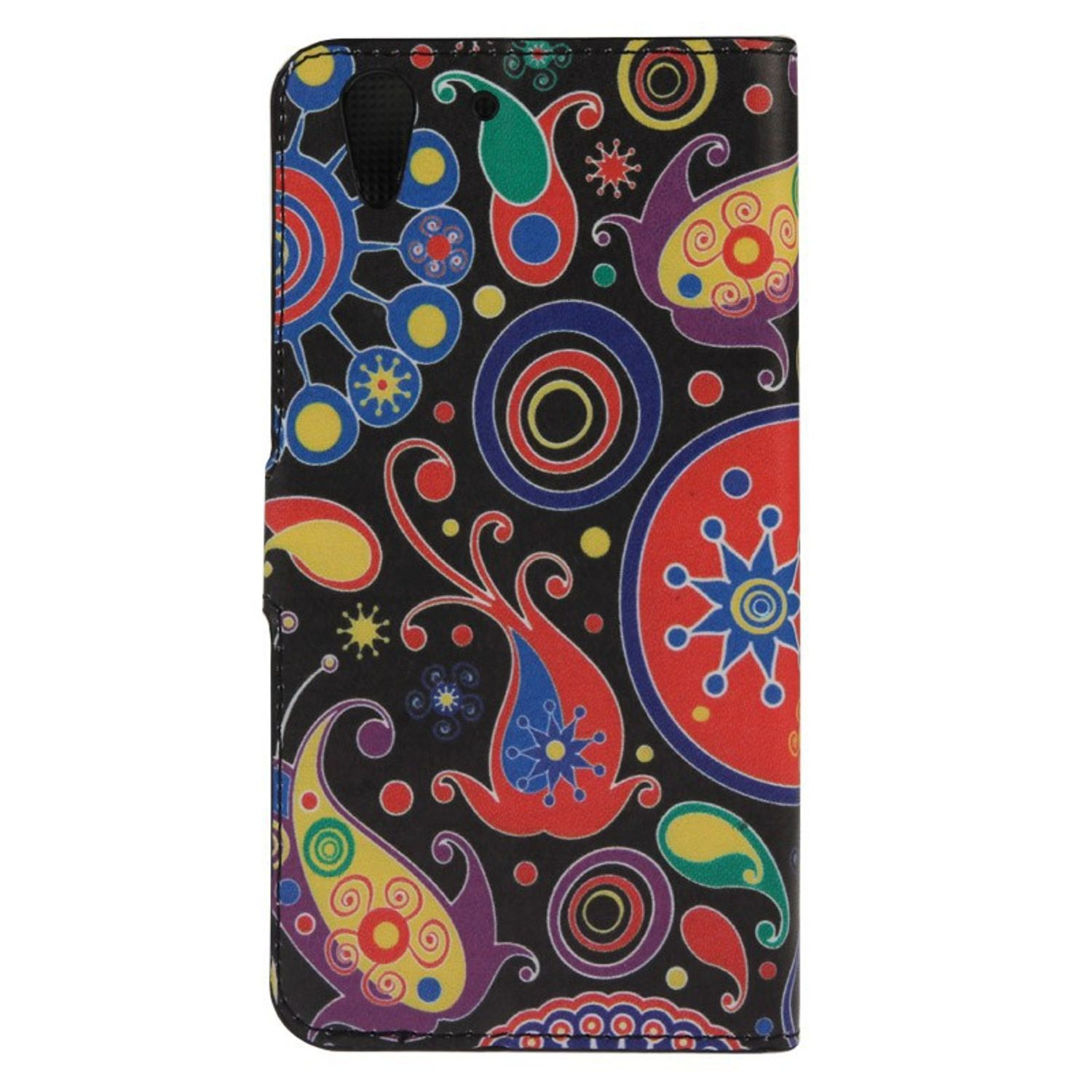 Handyhülle mit schwarzem Paisley-Muster auf schwarzem Hintergrund, geöffnet, zeigt ein Telefon.