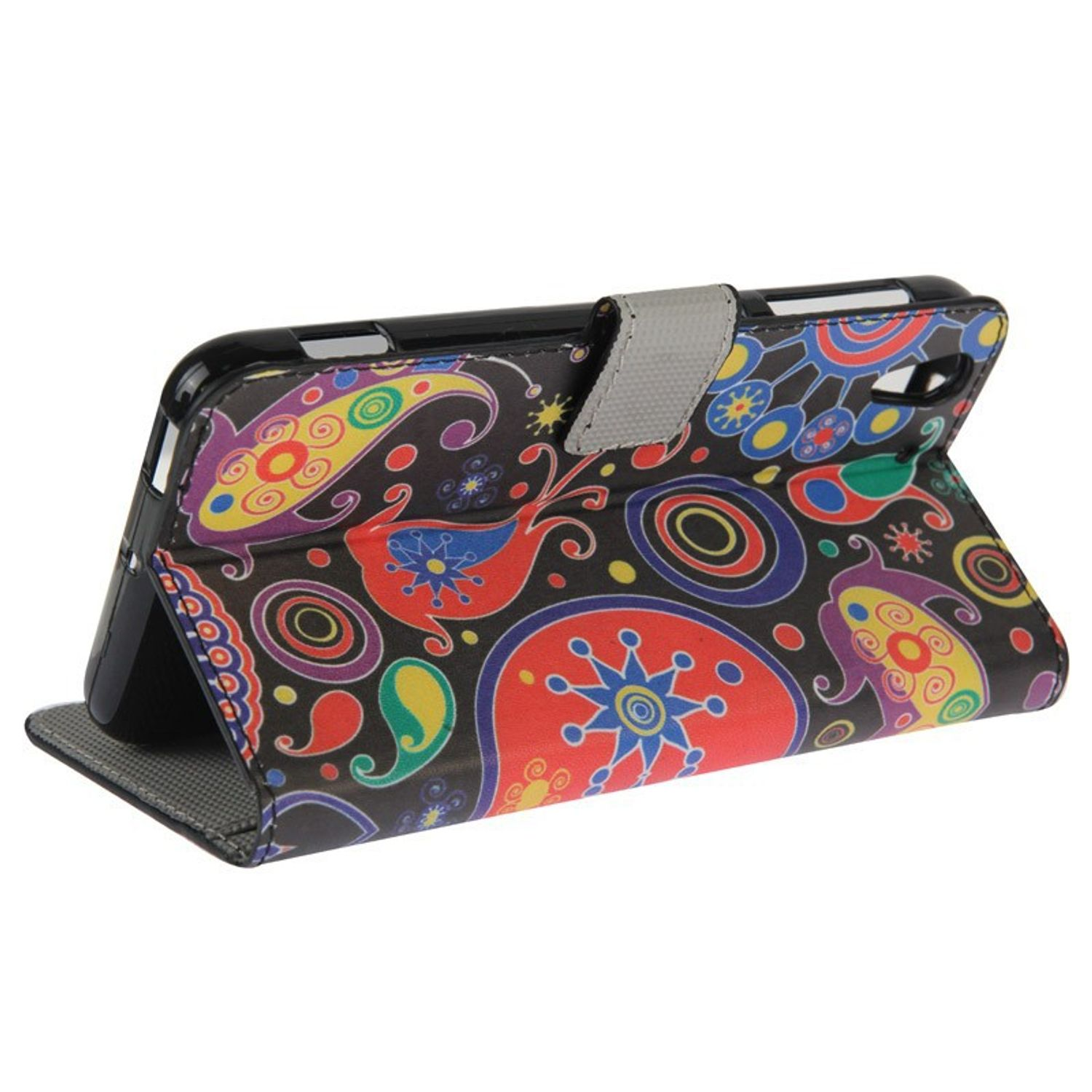 Faltbare Handyhülle, schwarz mit farbenfrohem Blumendesign, geöffnet zur Telefonanzeige.