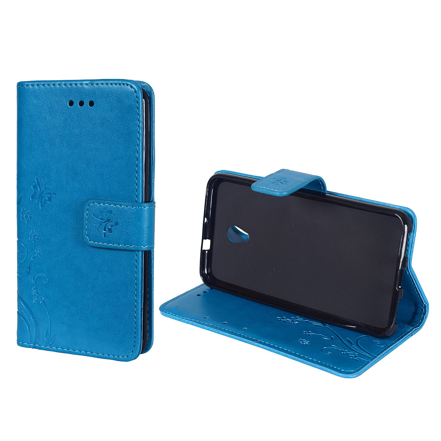 Blaue Handyhülle geöffnet, mit Blumendesign, Telefon darin.