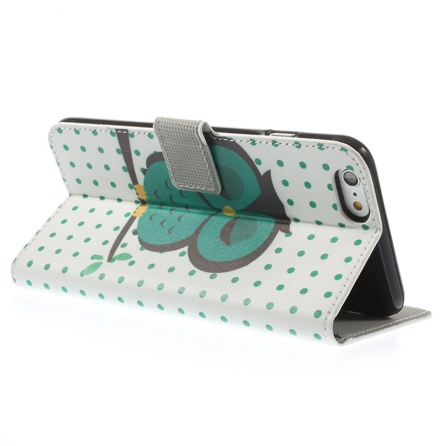 Telefon in einer Geldbörsenhülle mit Schmetterlingsdesign, offen auf weißer Oberfläche.