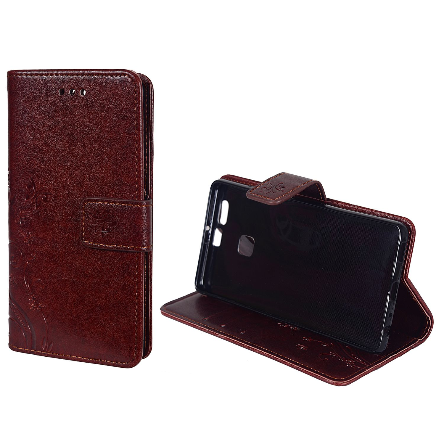 Geöffnete braune Leder-Handyhülle, die ein schwarzes Telefon zeigt. Blumenmuster sichtbar.