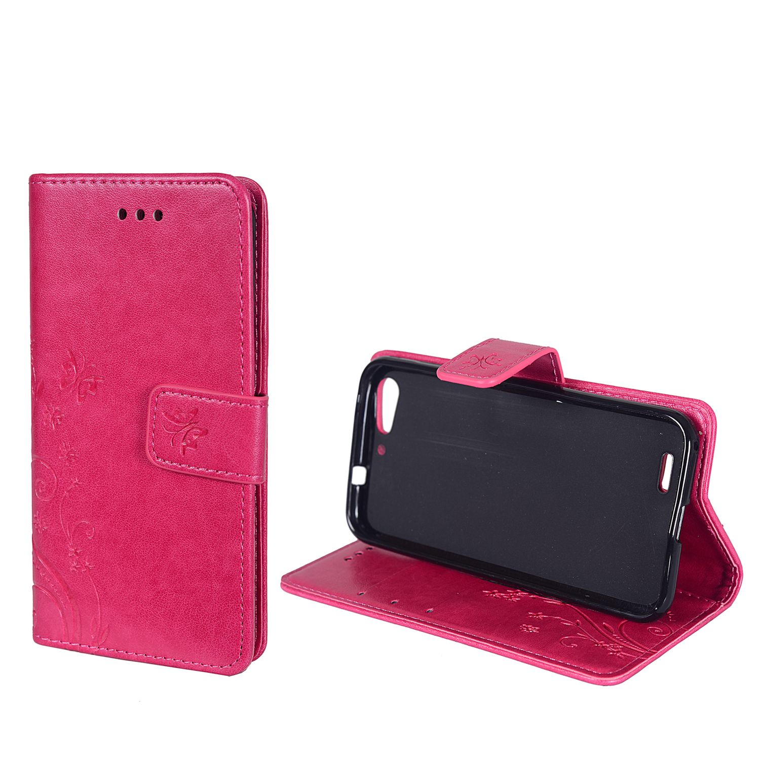 Rosa Handyhülle, offen, zeigt ein Telefon. Blumendesign auf der Vorderseite.
